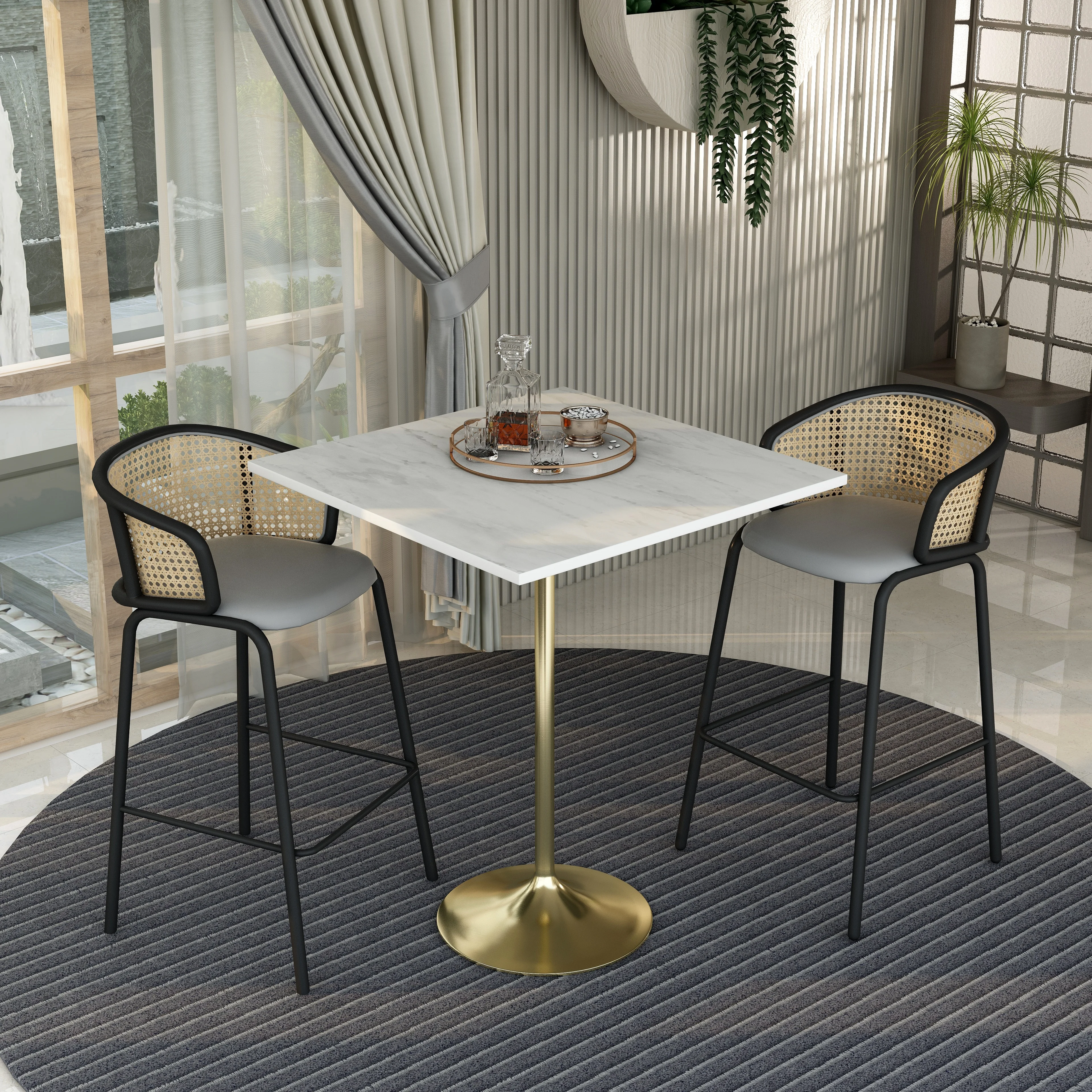 Verve Collection Modern Bar Height Table Brushed Gold Base with 36" Square Marbleized White Laminated  Top