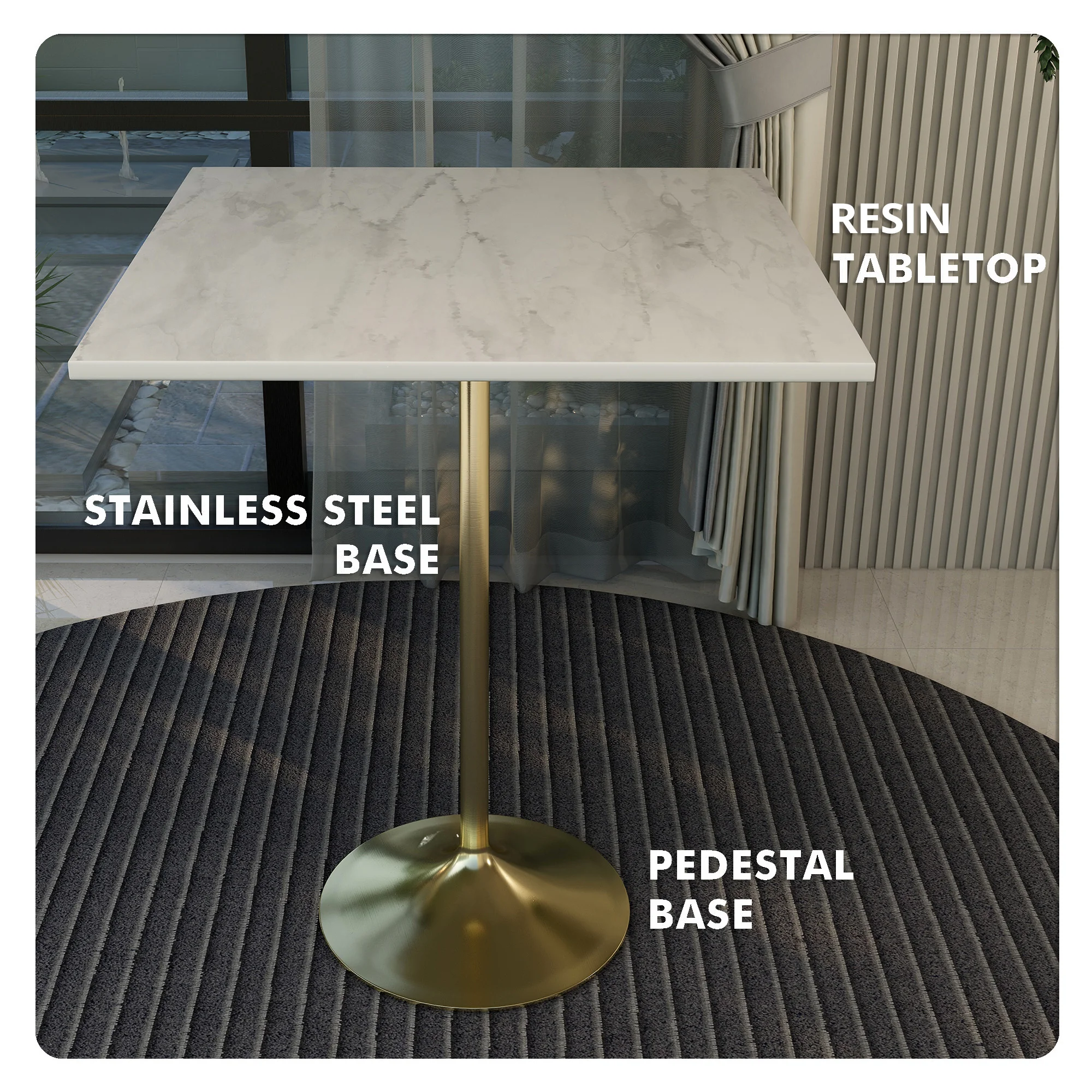 Verve Collection Modern Bar Height Table Brushed Gold Base with 36" Square Marbleized White Laminated  Top