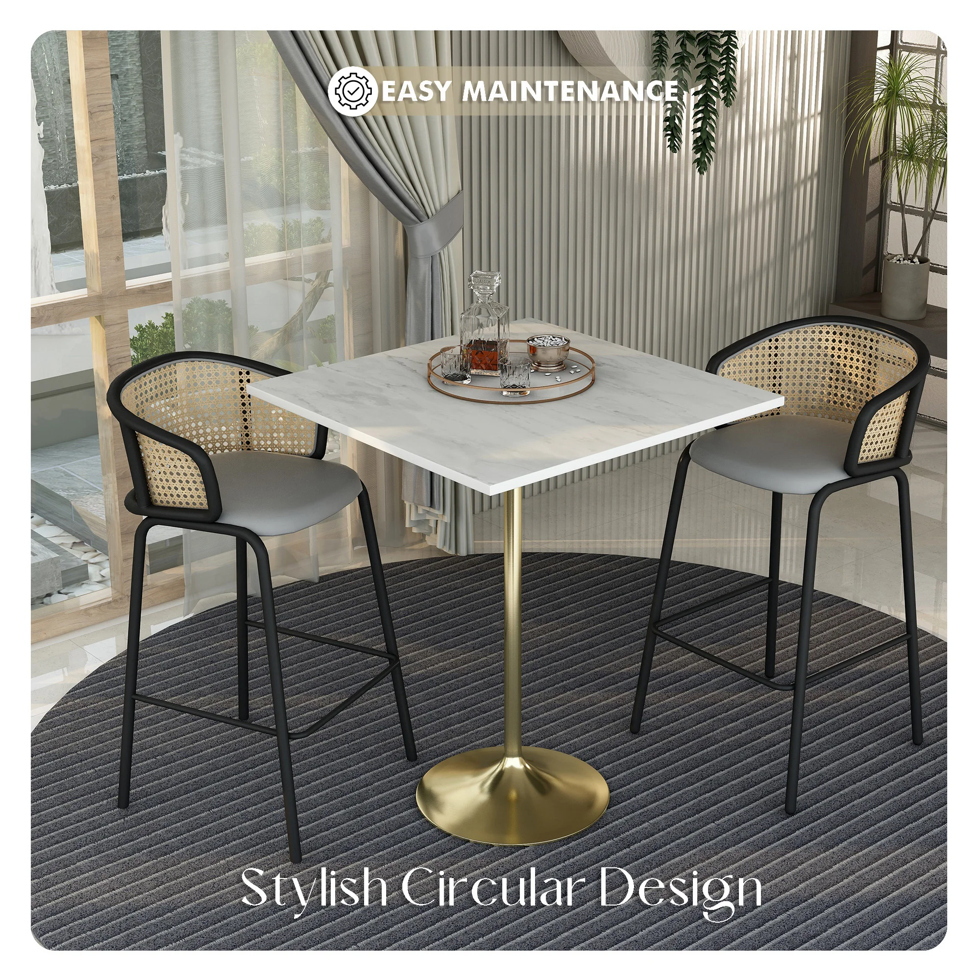 Verve Collection Modern Bar Height Table Brushed Gold Base with 36" Square Marbleized White Laminated  Top