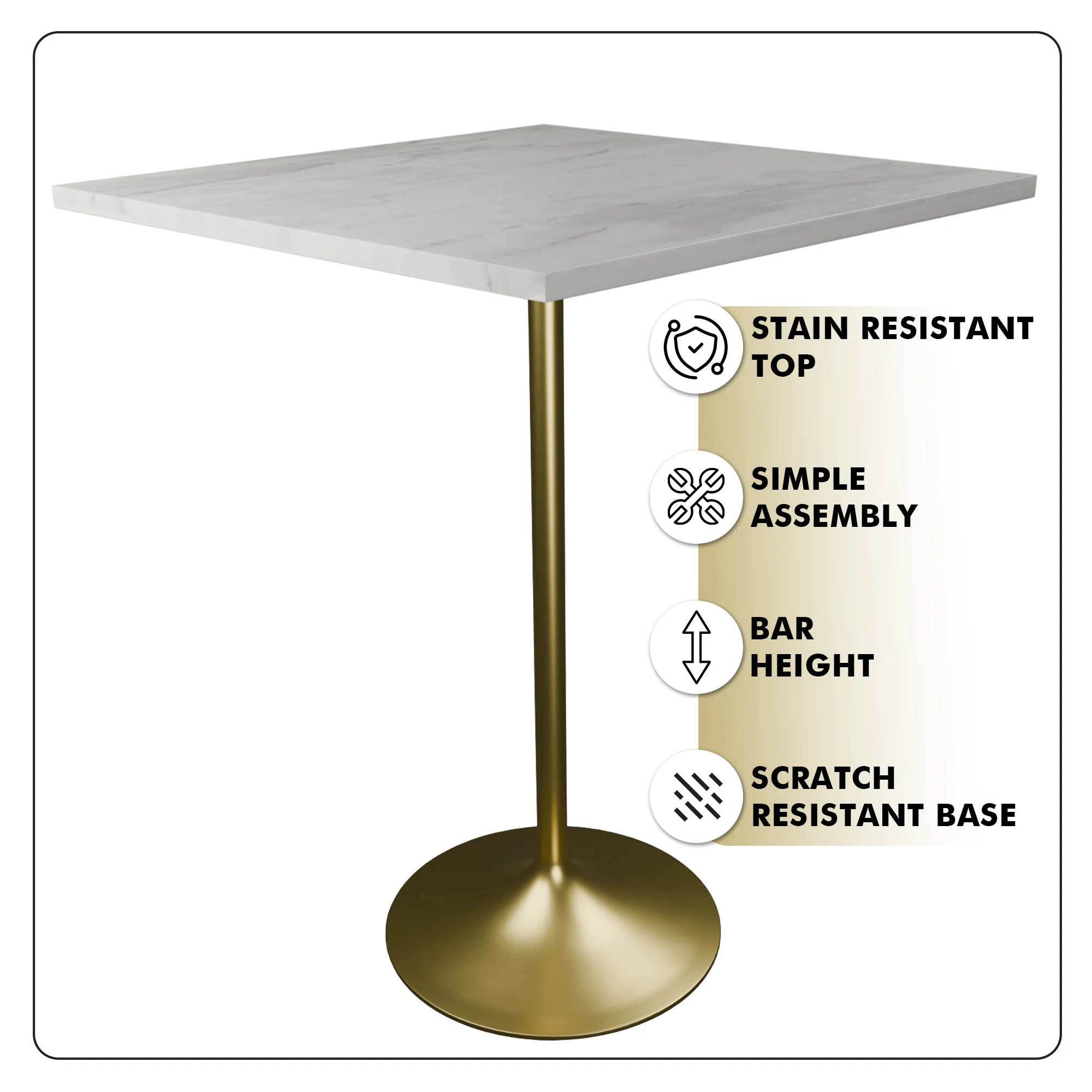 Verve Collection Modern Bar Height Table Brushed Gold Base with 36" Square Marbleized White Laminated  Top