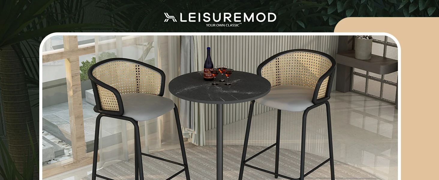 Verve Collection Modern Bar Height Table Black Base with 27" Round Black Marbleized MDF Top