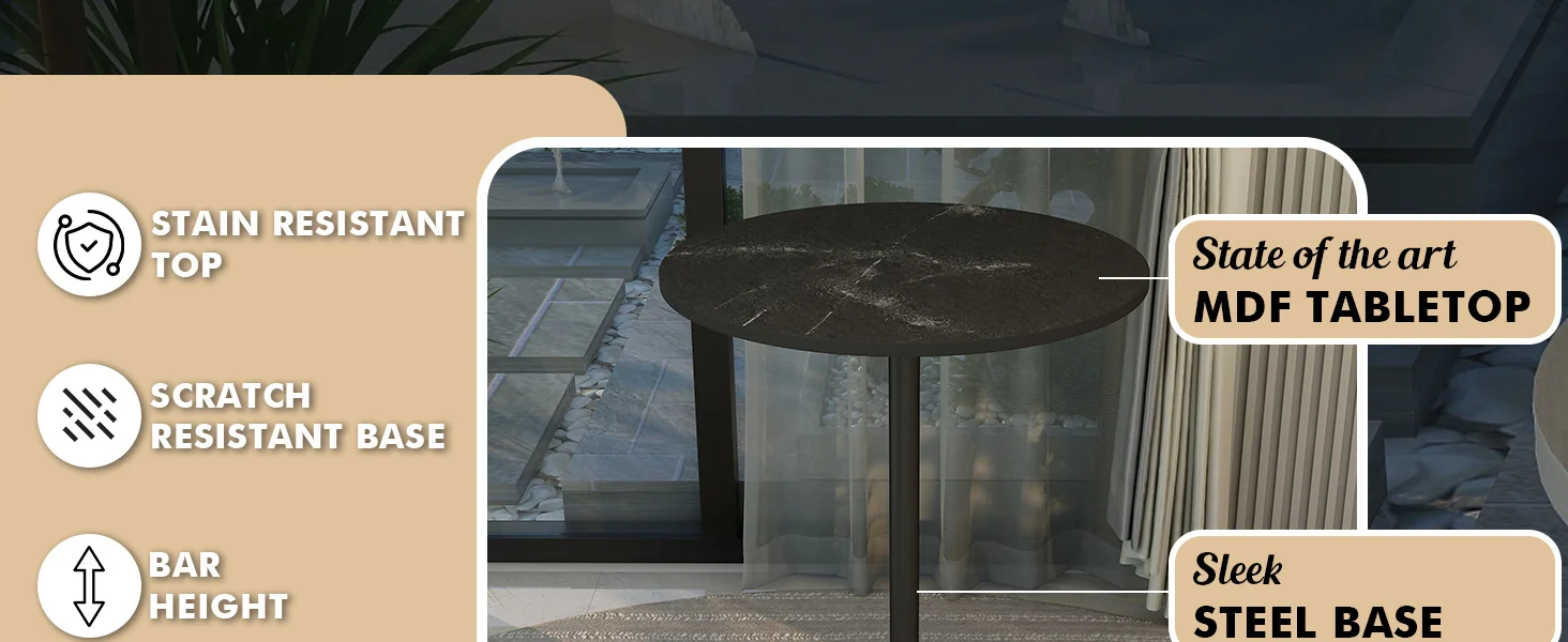 Verve Collection Modern Bar Height Table Black Base with 27" Round Black Marbleized MDF Top