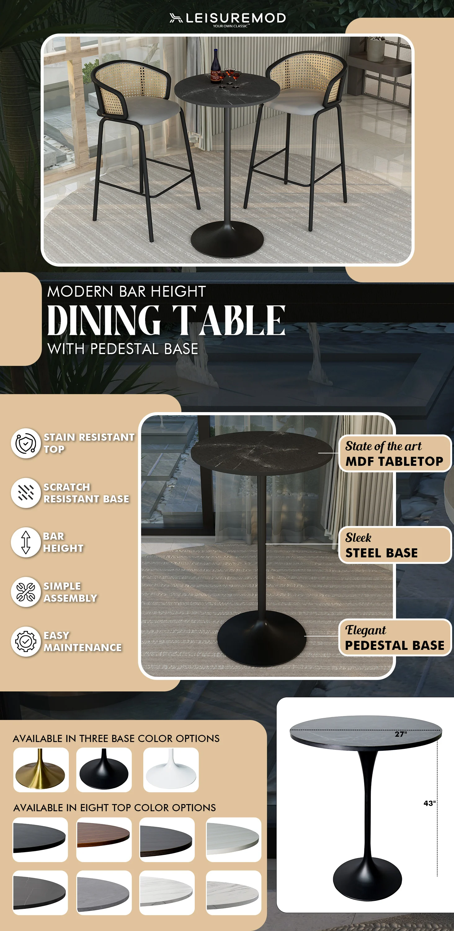 Verve Collection Modern Bar Height Table Black Base with 27" Round Black Marbleized MDF Top