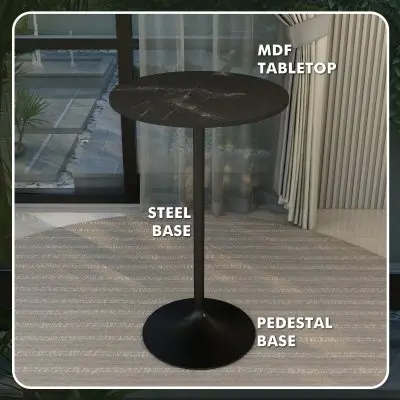 Verve Collection Modern Bar Height Table Black Base with 27" Round Black Marbleized MDF Top