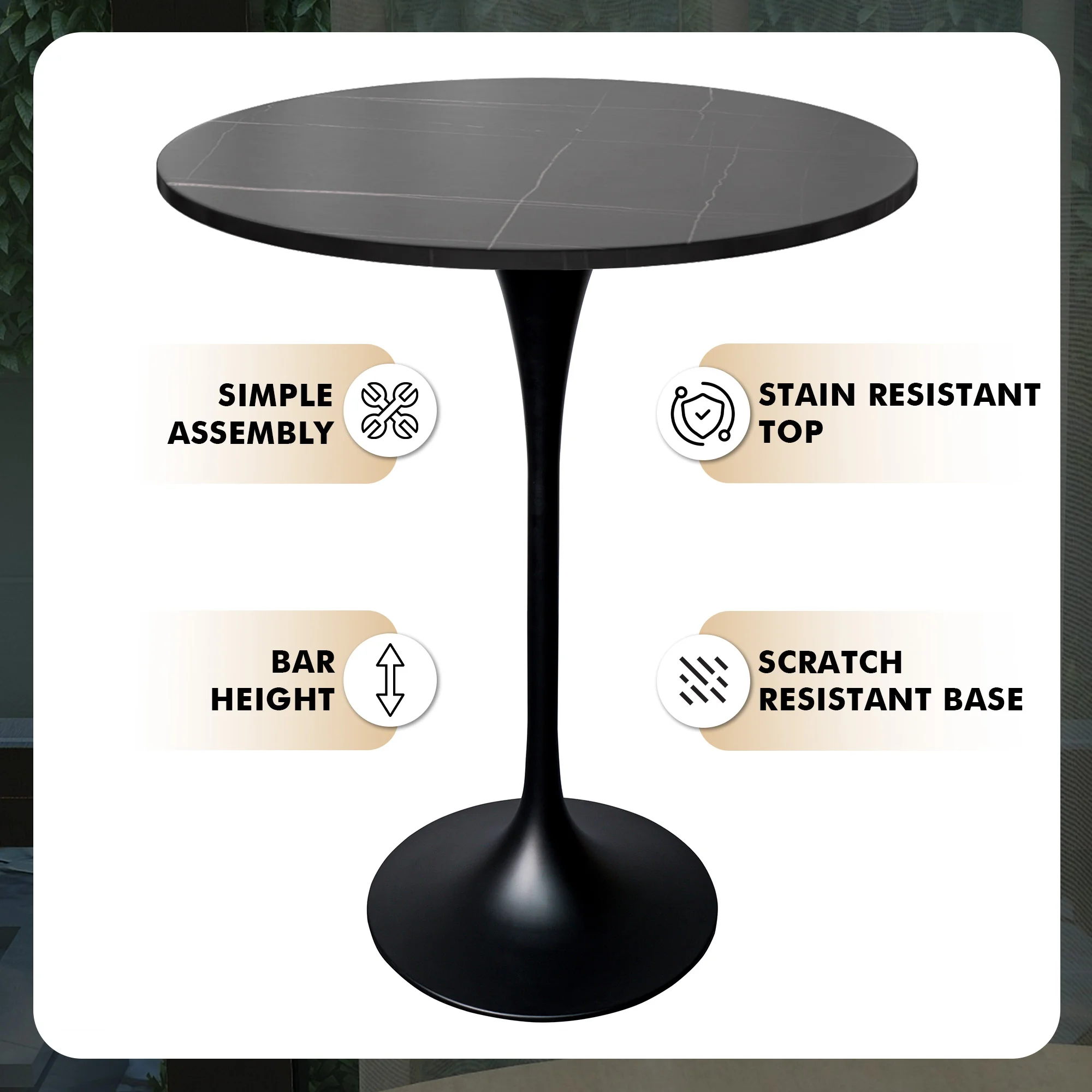 Verve Collection Modern Bar Height Table Black Base with 27" Round Black Marbelized Sintered Stone Top
