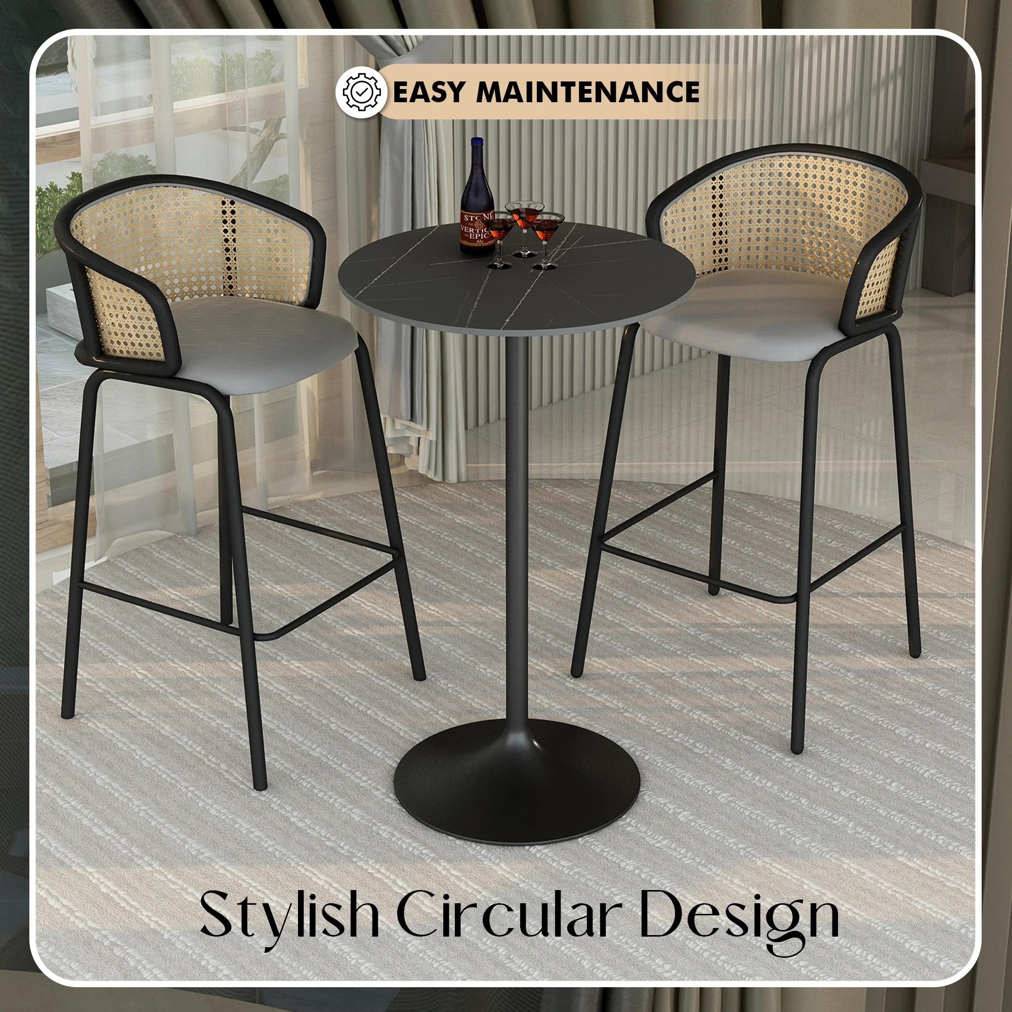 Verve Collection Modern Bar Height Table Black Base with 27" Round Black Marbelized Sintered Stone Top