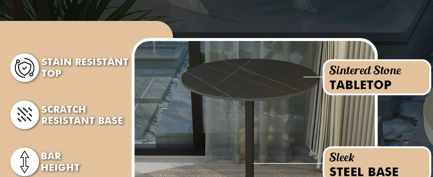 Verve Collection Modern Bar Height Table Black Base with 27" Round Black Marbelized Sintered Stone Top