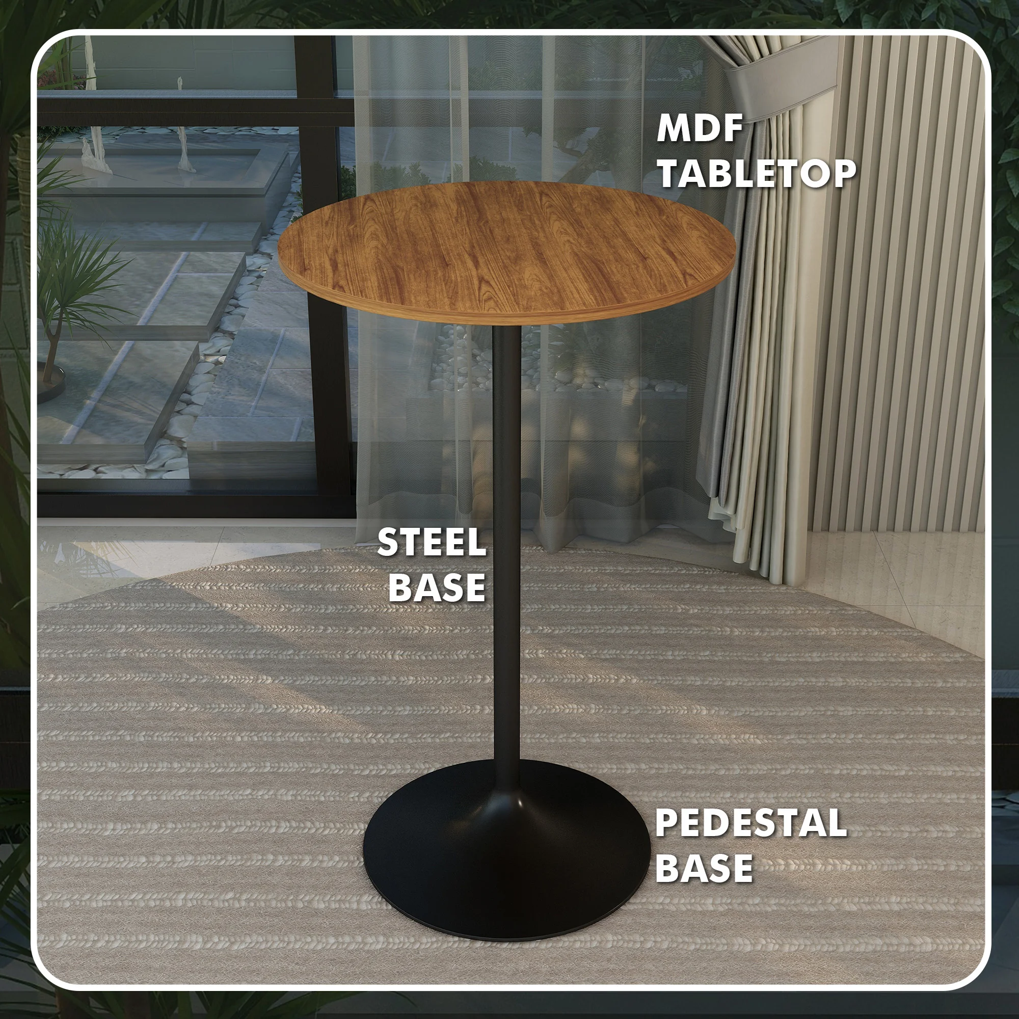 Verve Collection Modern Bar Height Table Black Base with 27" Round Cognac Brown MDF Top