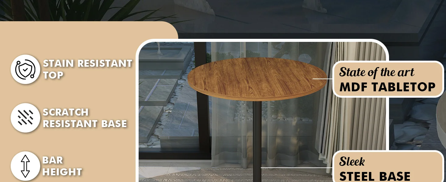 Verve Collection Modern Bar Height Table Black Base with 27" Round Cognac Brown MDF Top