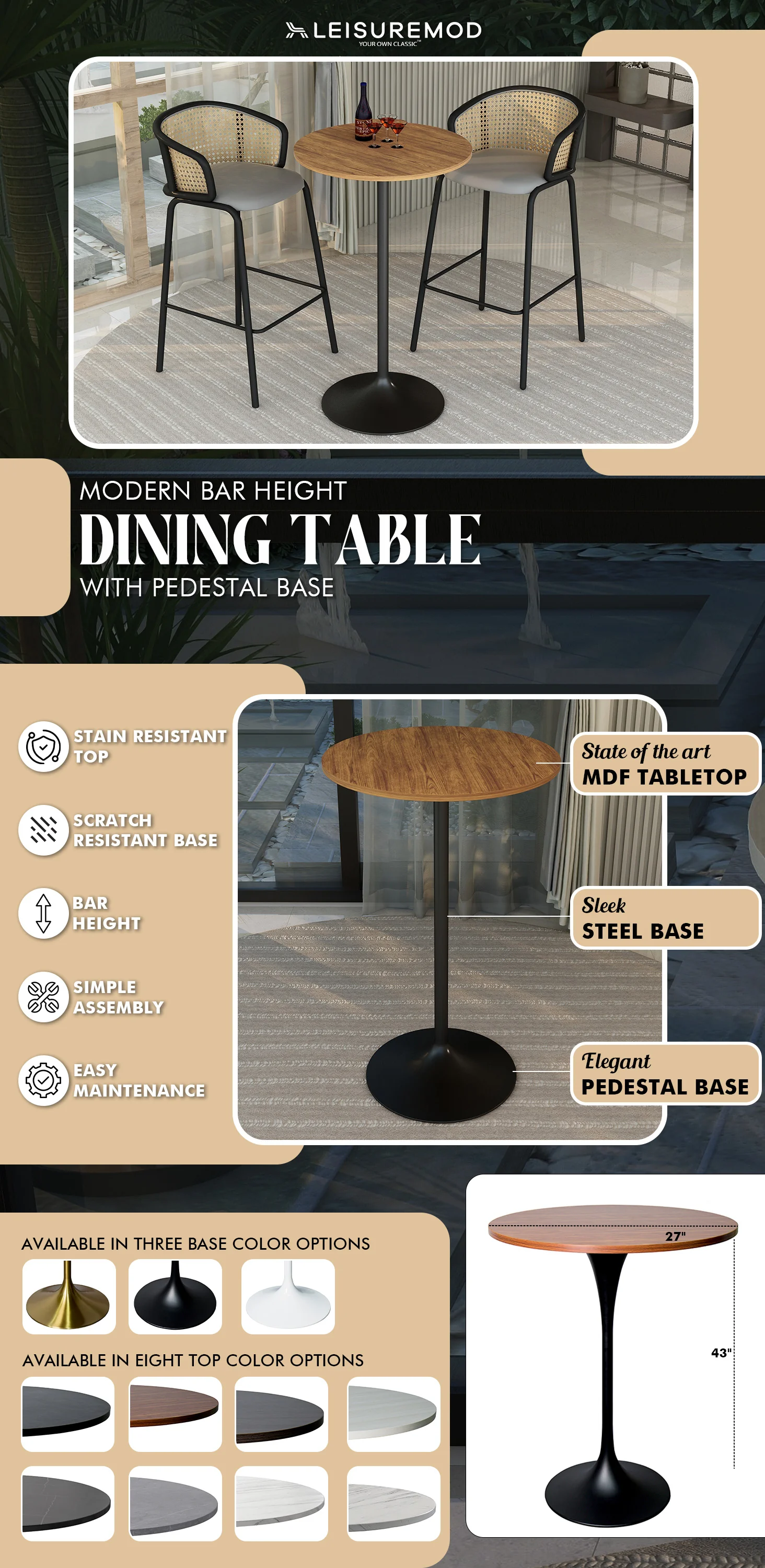 Verve Collection Modern Bar Height Table Black Base with 27" Round Cognac Brown MDF Top