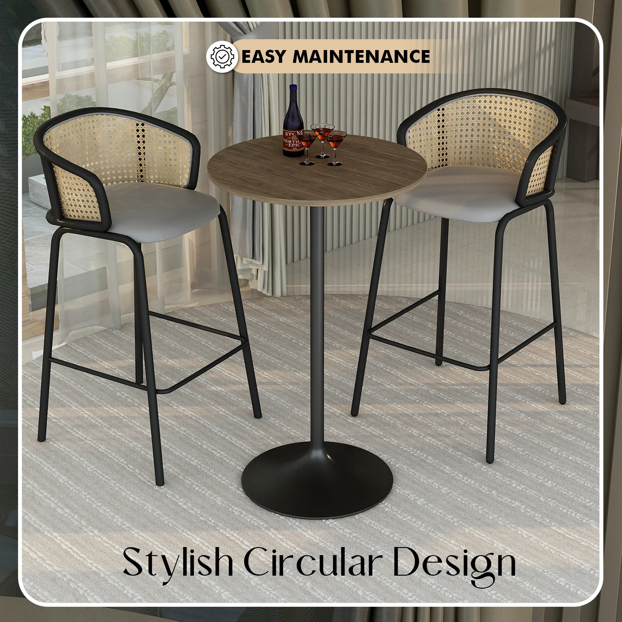 Verve Collection Modern Bar Height Table Black Base with 27" Round Dark Walnut MDF Top