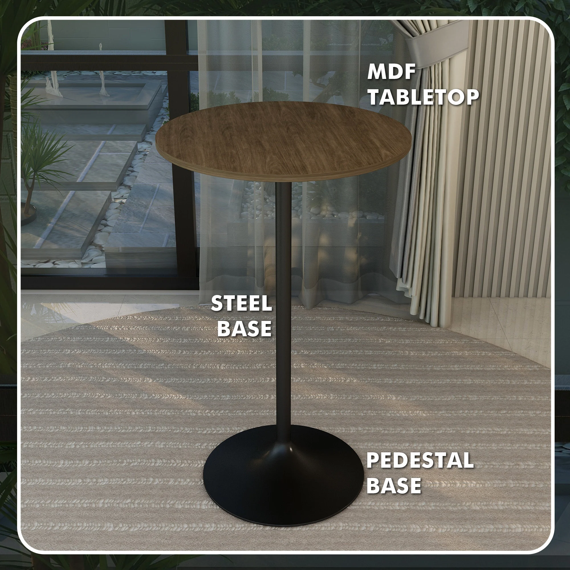 Verve Collection Modern Bar Height Table Black Base with 27" Round Dark Walnut MDF Top