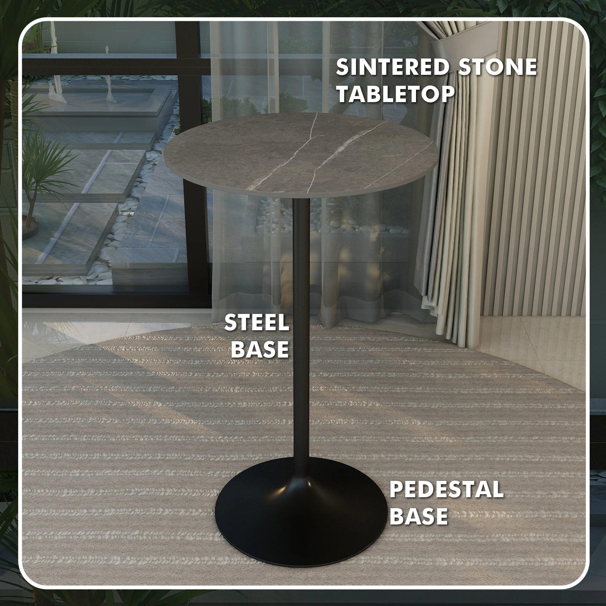 Verve Collection Modern Bar Height Table Black Base with 27" Round Marble Grey Sintered Stone Top