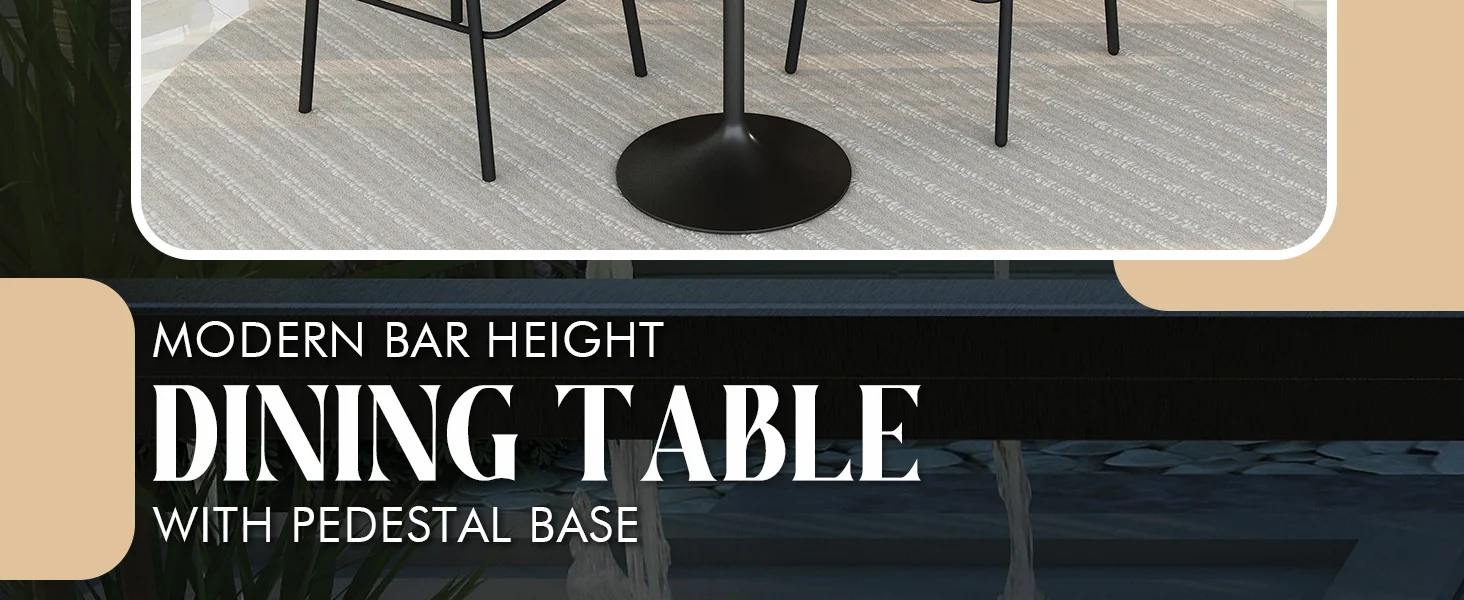Verve Collection Modern Bar Height Table Black Base with 27" Round Marble Grey Sintered Stone Top