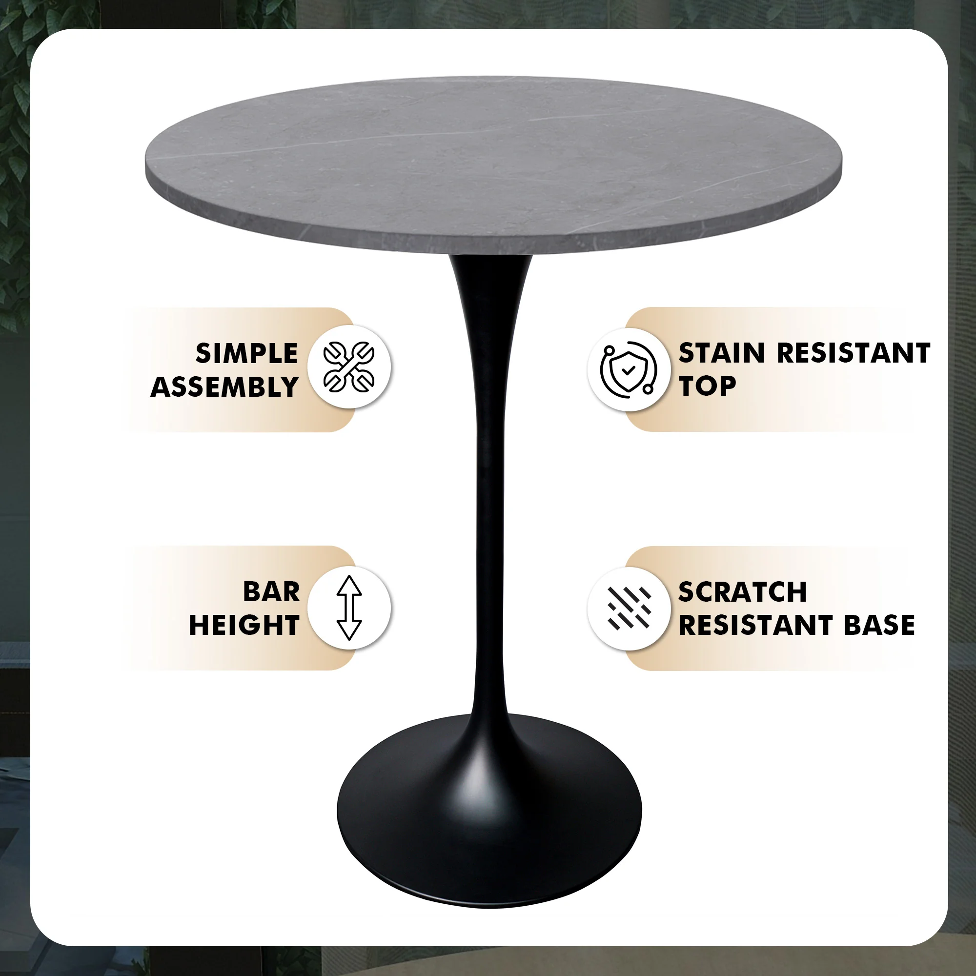Verve Collection Modern Bar Height Table Black Base with 27" Round Marble Grey Sintered Stone Top