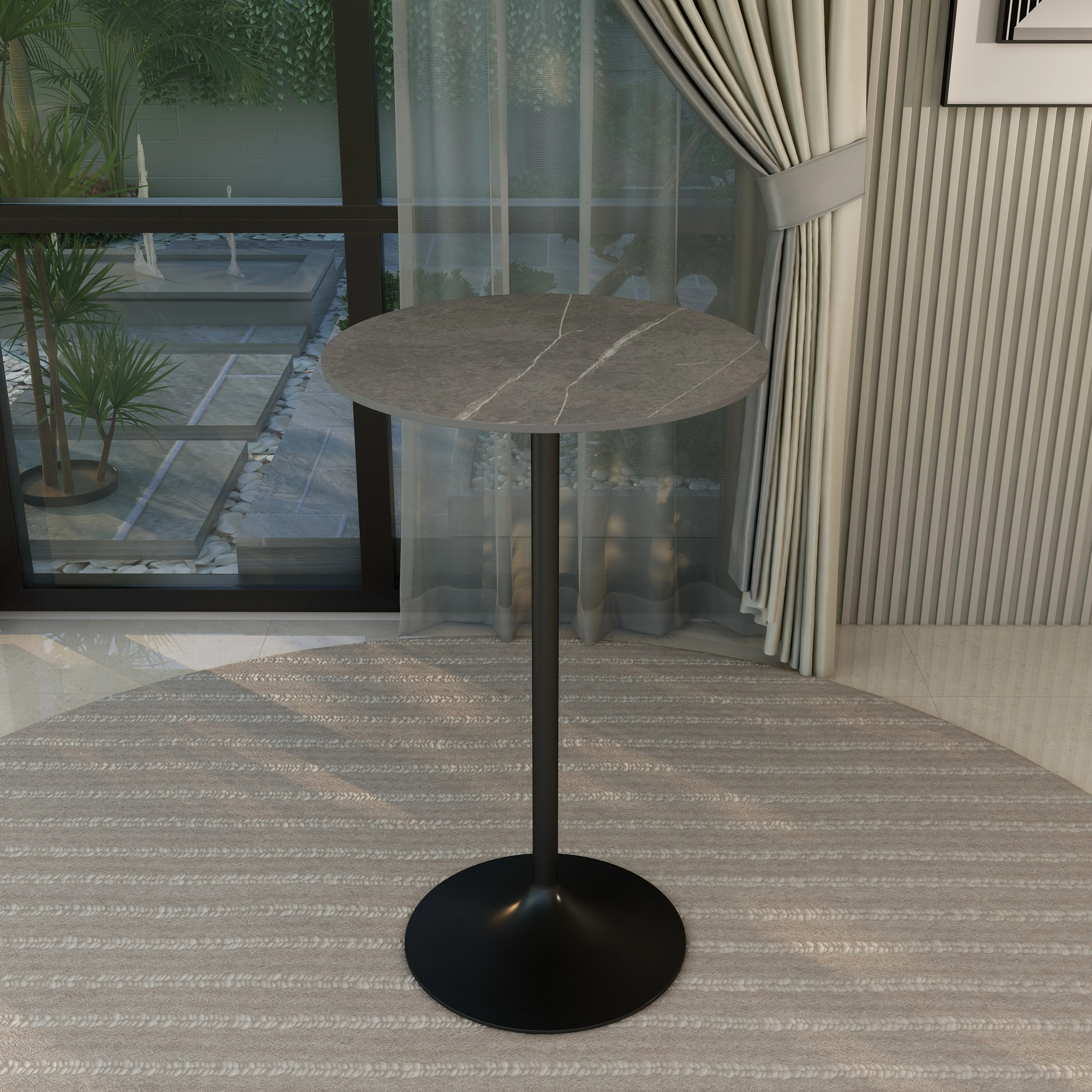 Verve Collection Modern Bar Height Table Black Base with 27" Round Marble Grey Sintered Stone Top