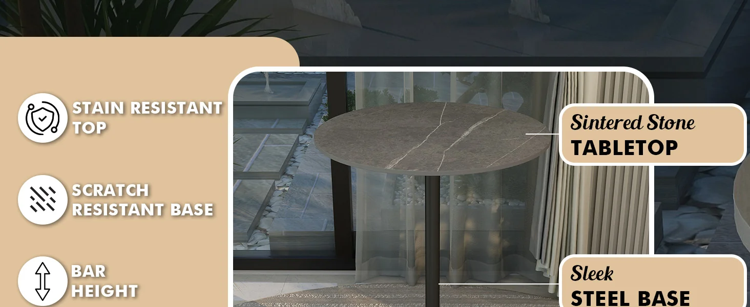 Verve Collection Modern Bar Height Table Black Base with 27" Round Marble Grey Sintered Stone Top