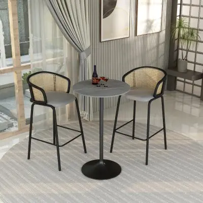 Verve Collection Modern Bar Height Table Black Base with 27" Round Marble Grey Sintered Stone Top