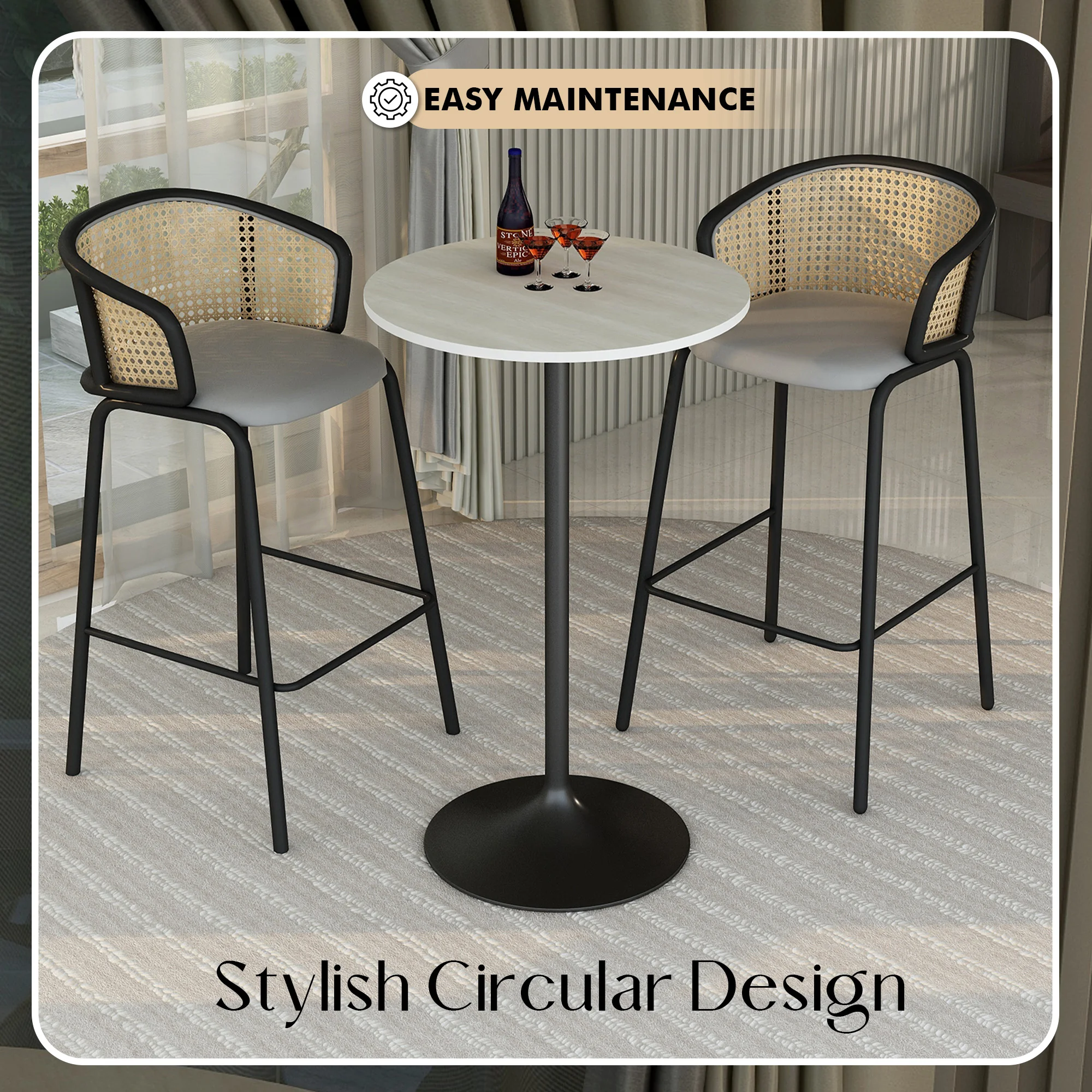 Verve Collection Modern Bar Height Table Black Base with 27" Round Light Natural Wood MDF Top