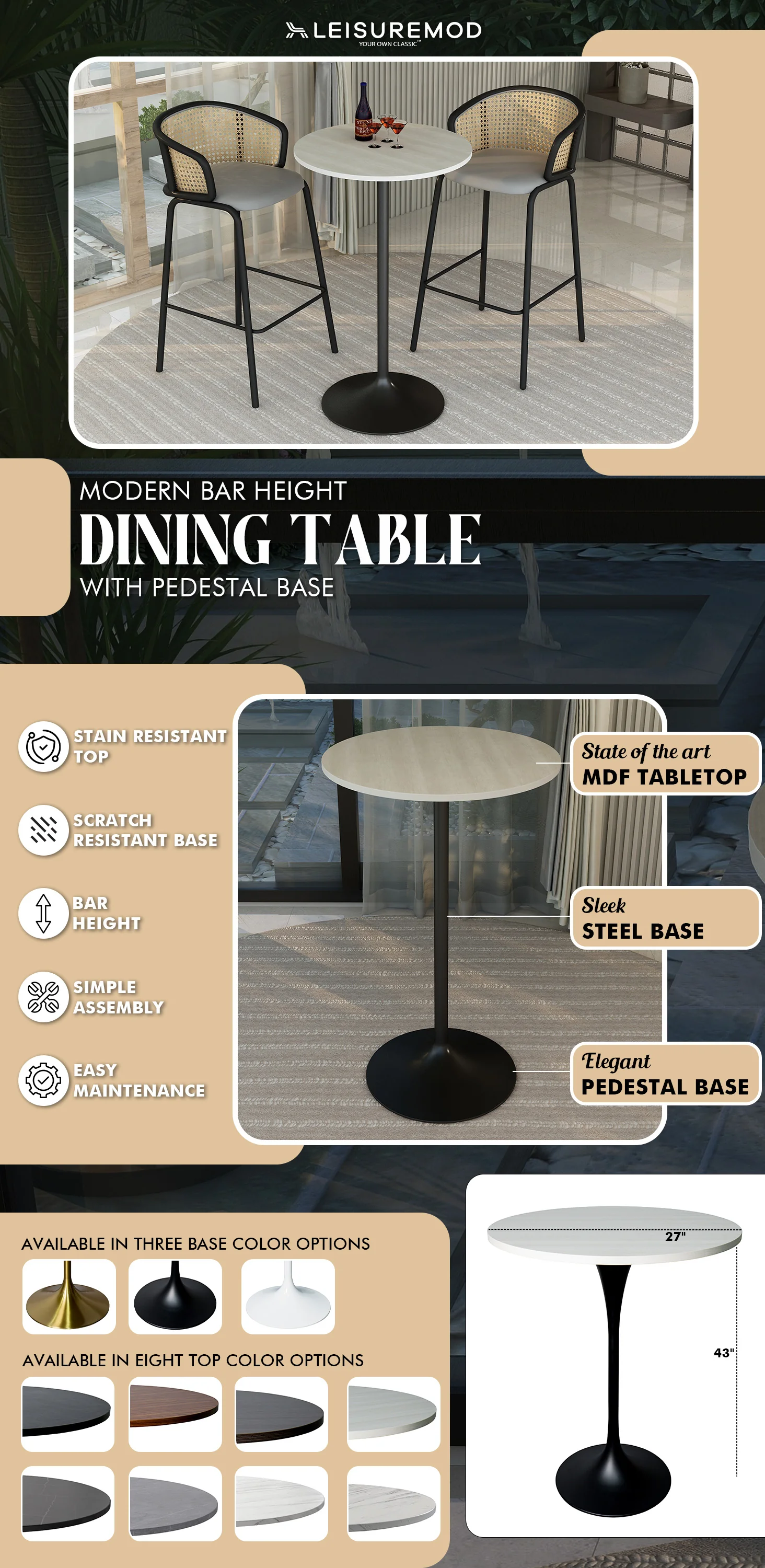 Verve Collection Modern Bar Height Table Black Base with 27" Round Light Natural Wood MDF Top