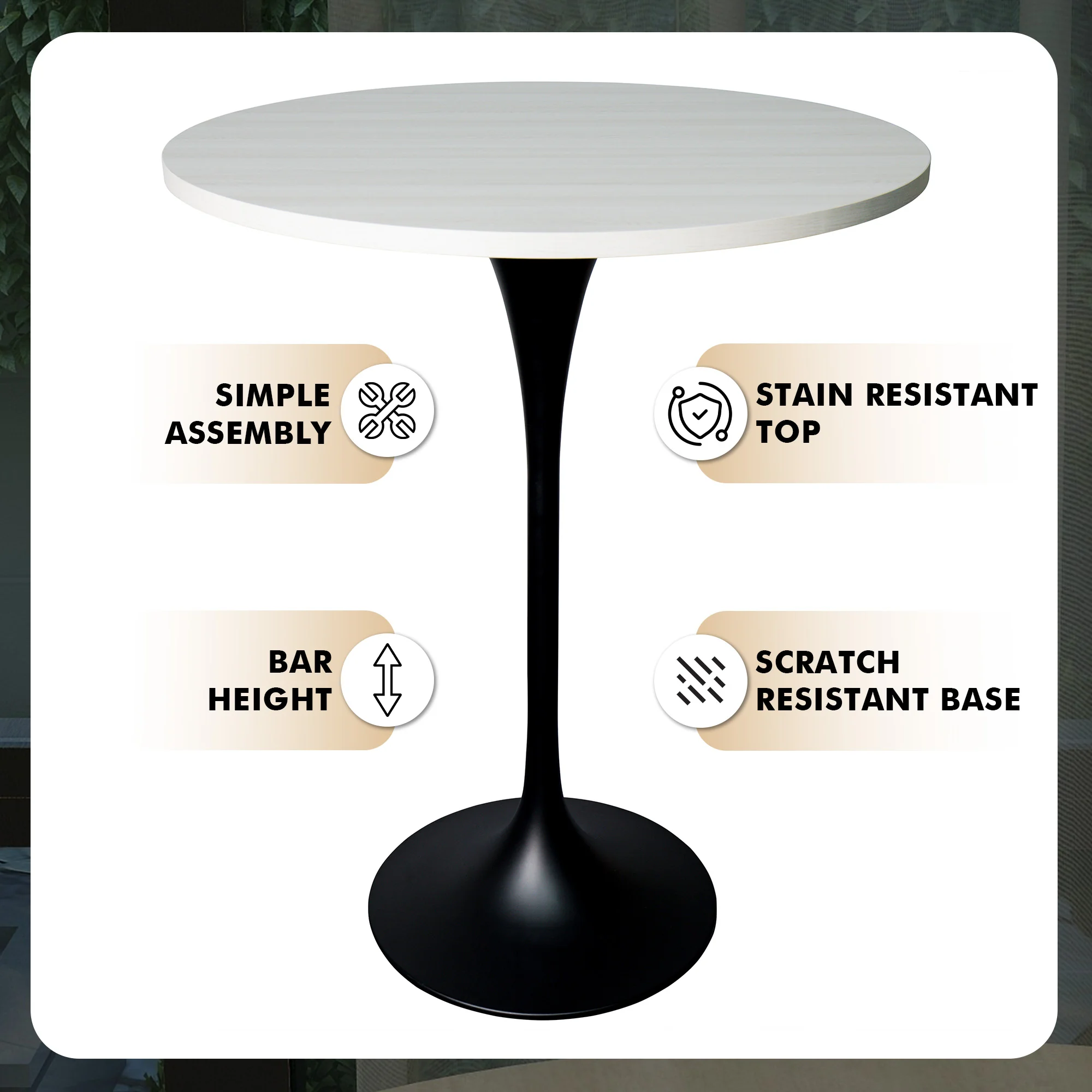 Verve Collection Modern Bar Height Table Black Base with 27" Round Light Natural Wood MDF Top