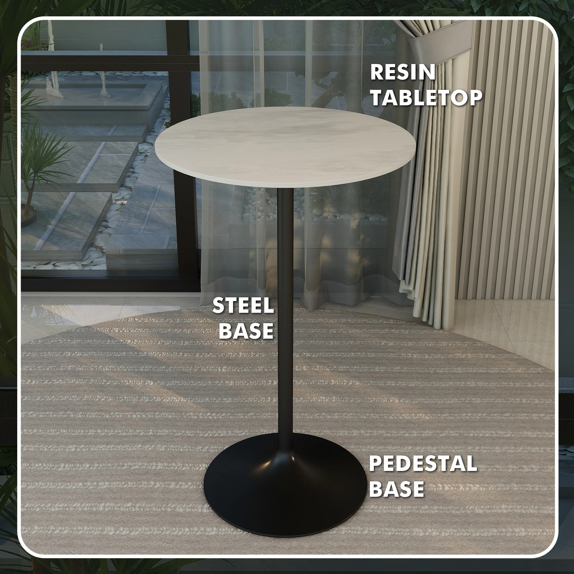 Verve Collection Modern Bar Height Table Black Base with 27" Round Marbleized White Laminated Top