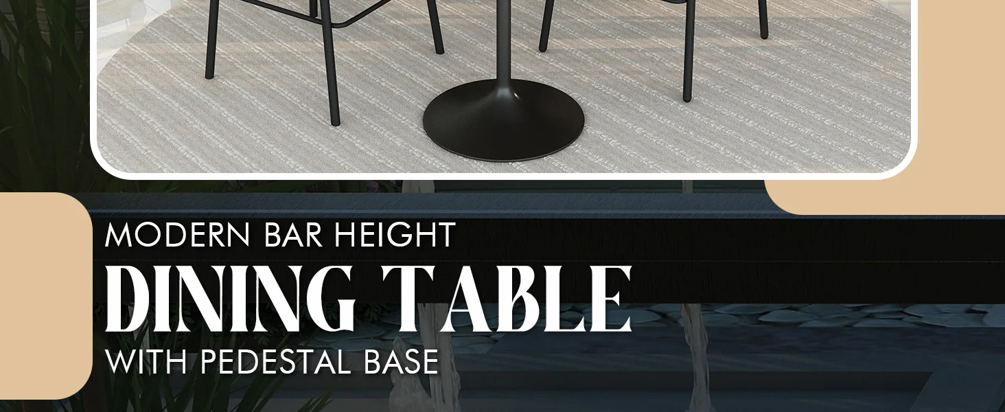 Verve Collection Modern Bar Height Table Black Base with 27" Round Marbleized White Laminated Top