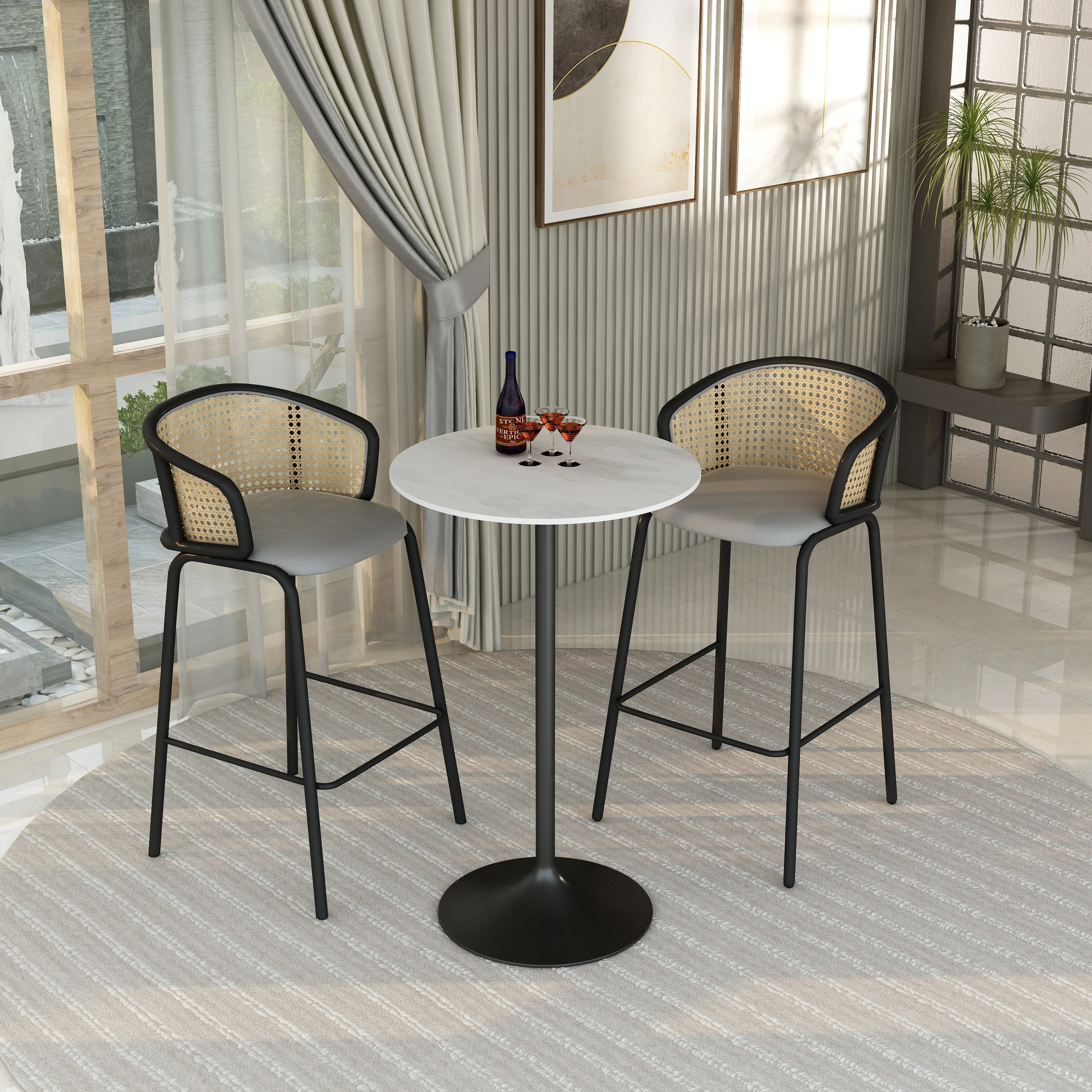 Verve Collection Modern Bar Height Table Black Base with 27" Round Marbleized White Laminated Top
