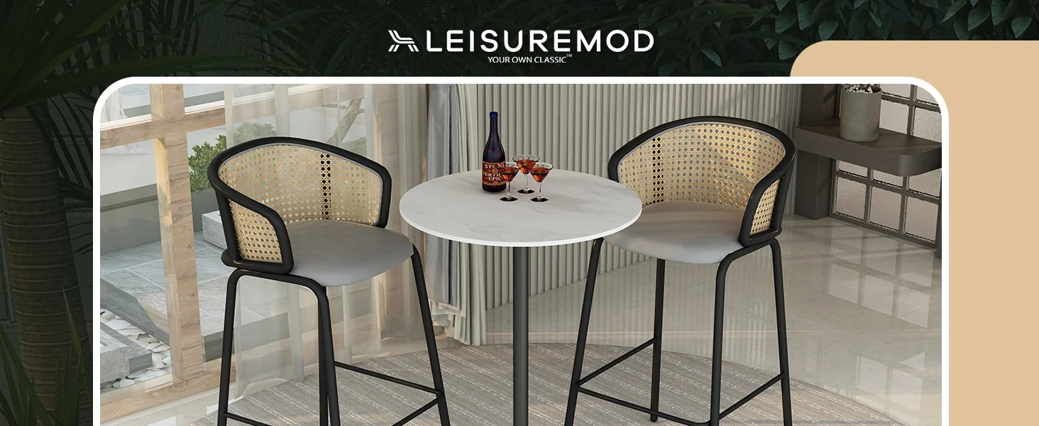 Verve Collection Modern Bar Height Table Black Base with 27" Round Marbleized White Laminated Top