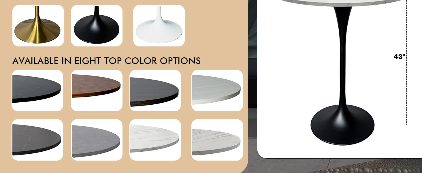 Verve Collection Modern Bar Height Table Black Base with 27" Round Marbleized White Laminated Top