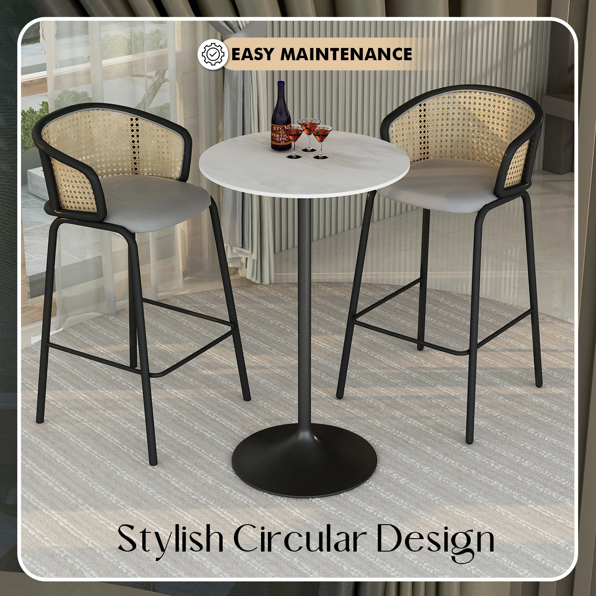 Verve Collection Modern Bar Height Table Black Base with 27" Round Marbleized White Laminated Top