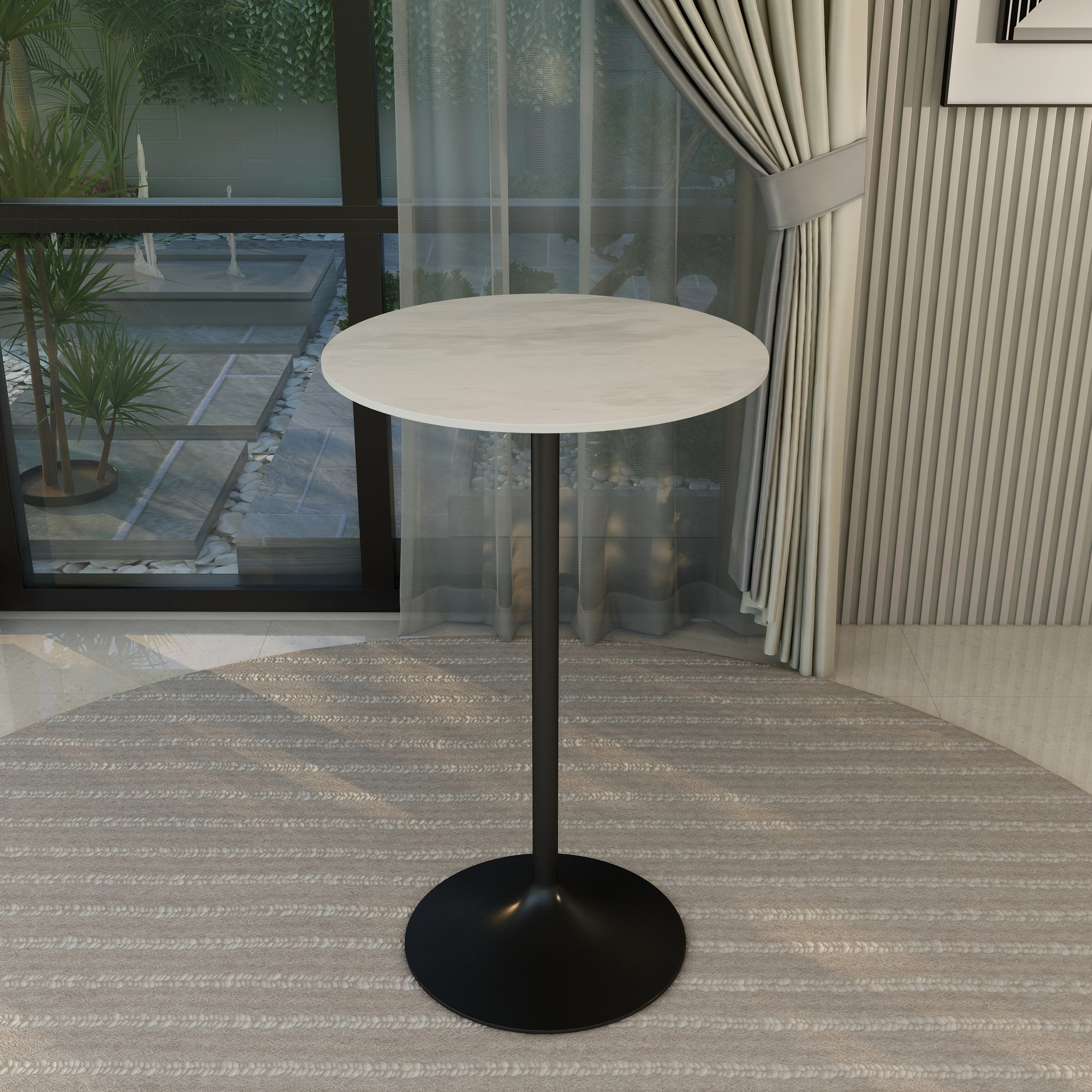 Verve Collection Modern Bar Height Table Black Base with 27" Round Marble White Sintered Stone Top