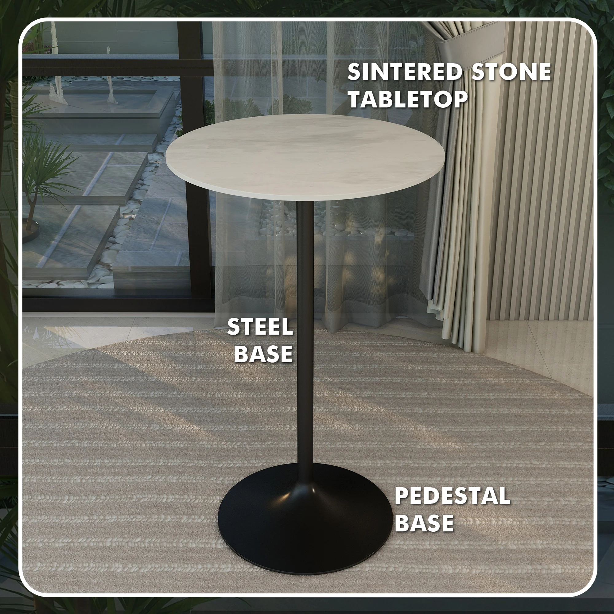 Verve Collection Modern Bar Height Table Black Base with 27" Round Marble White Sintered Stone Top