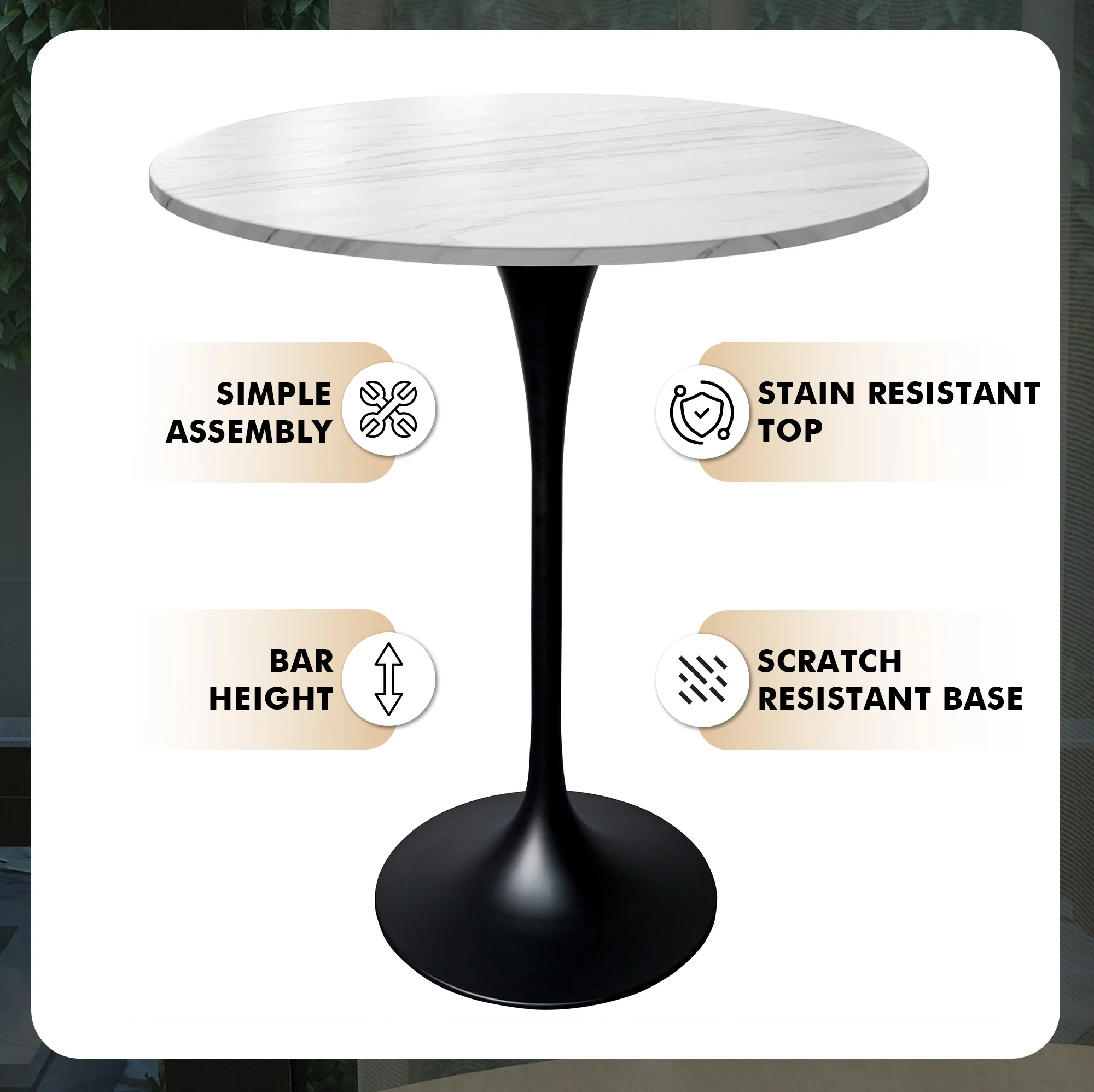 Verve Collection Modern Bar Height Table Black Base with 27" Round Marble White Sintered Stone Top