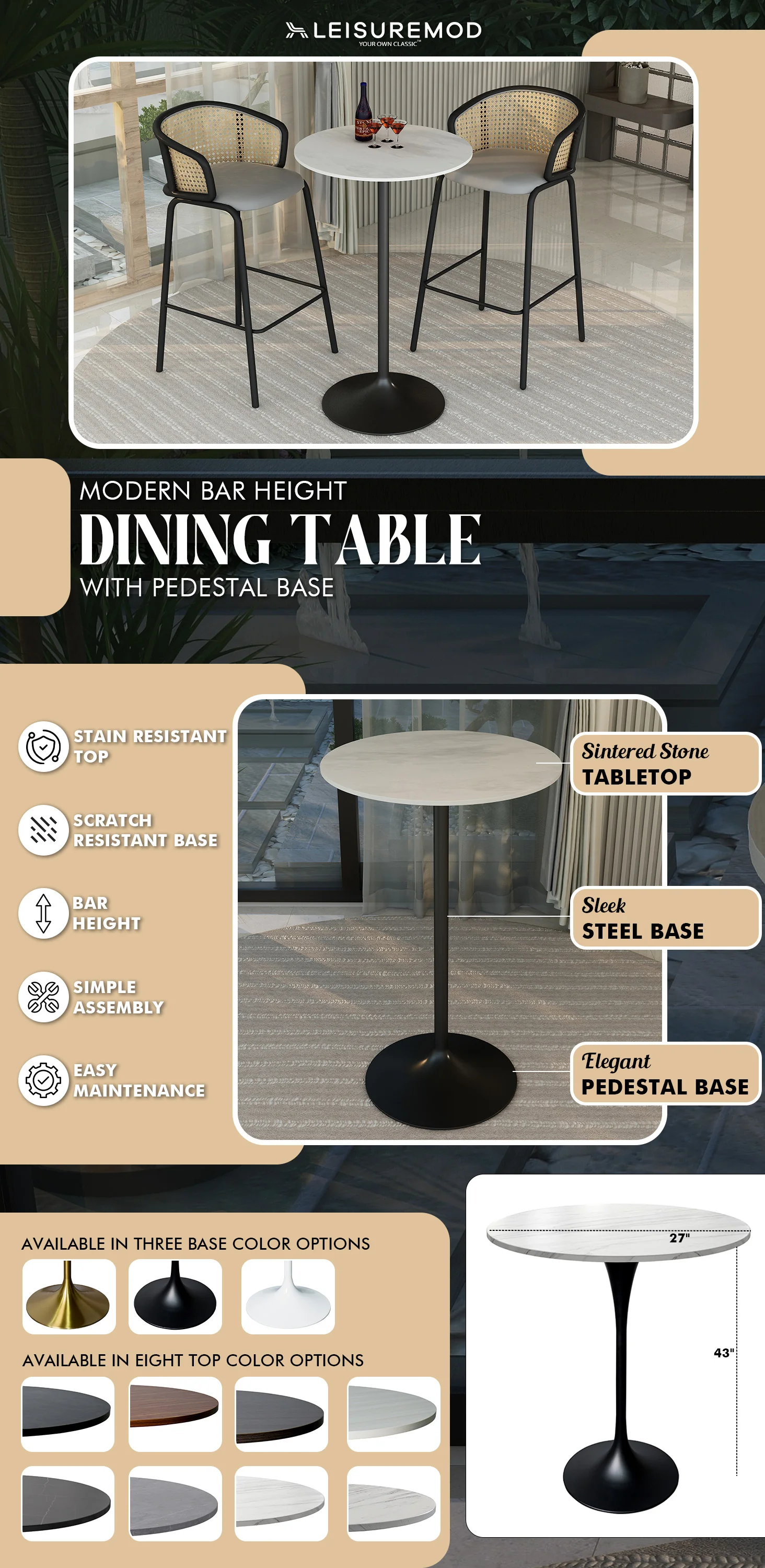 Verve Collection Modern Bar Height Table Black Base with 27" Round Marble White Sintered Stone Top