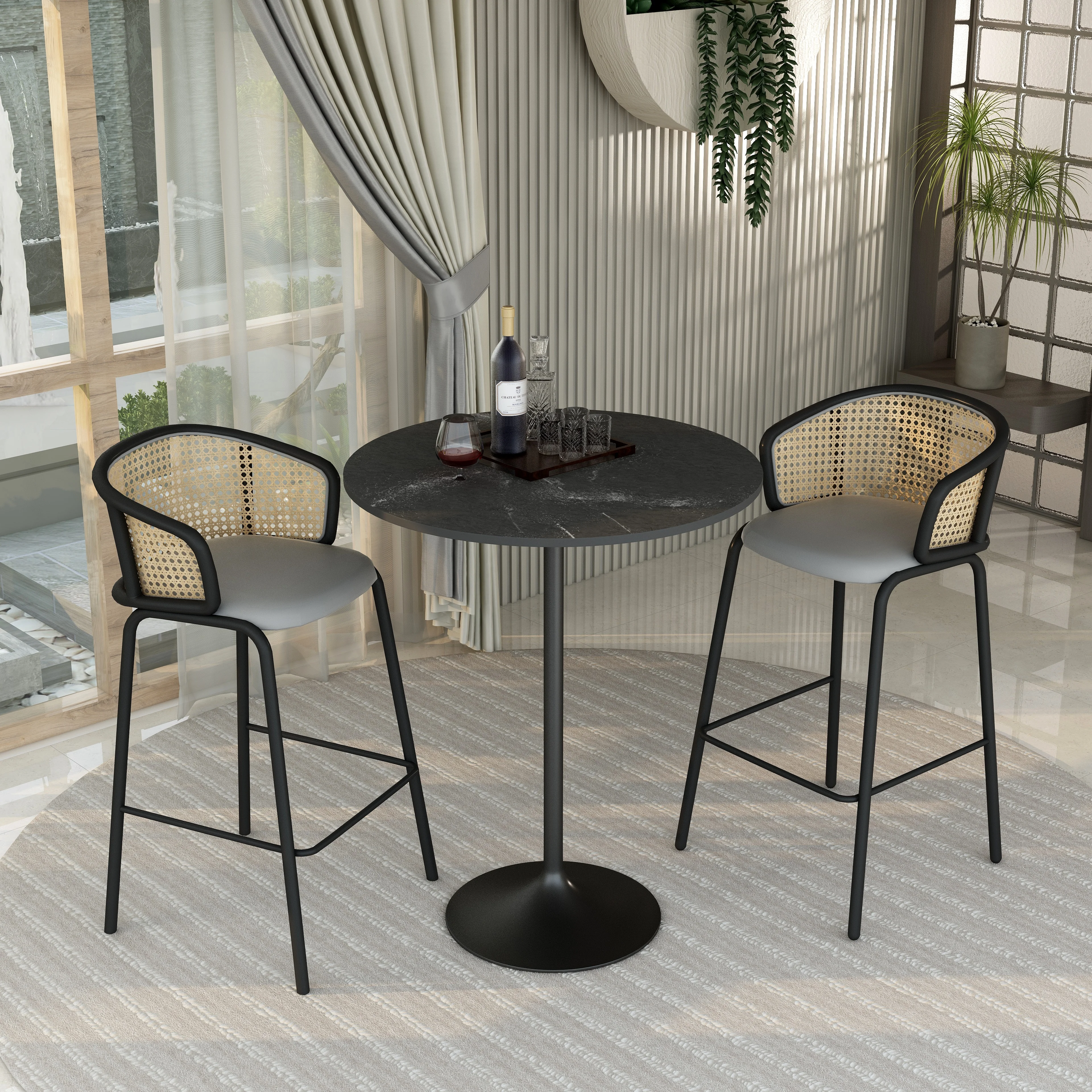 Verve Collection Modern Bar Height Table Black Base with 36" Round Black Marbelized MDF Top
