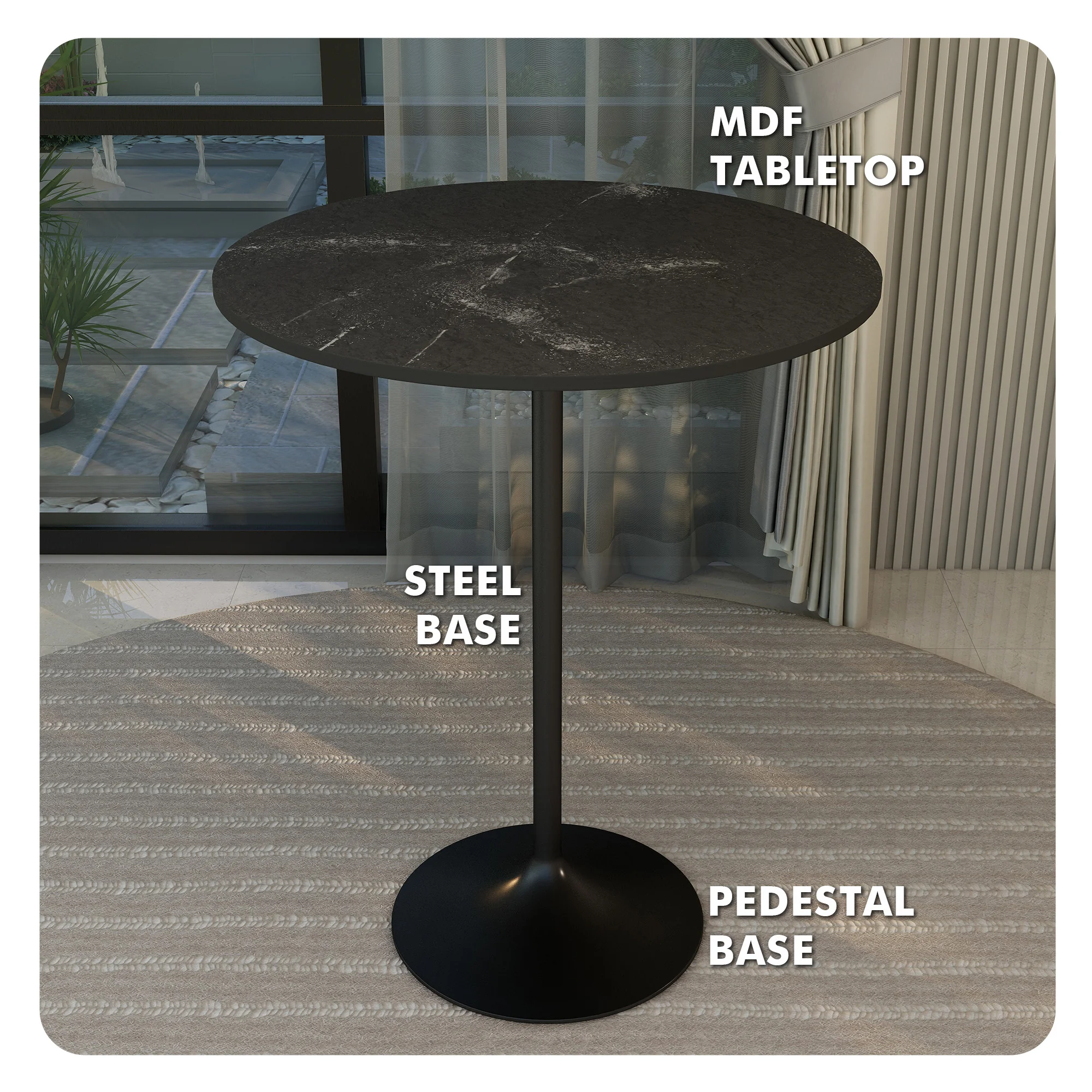 Verve Collection Modern Bar Height Table Black Base with 36" Round Black Marbelized MDF Top