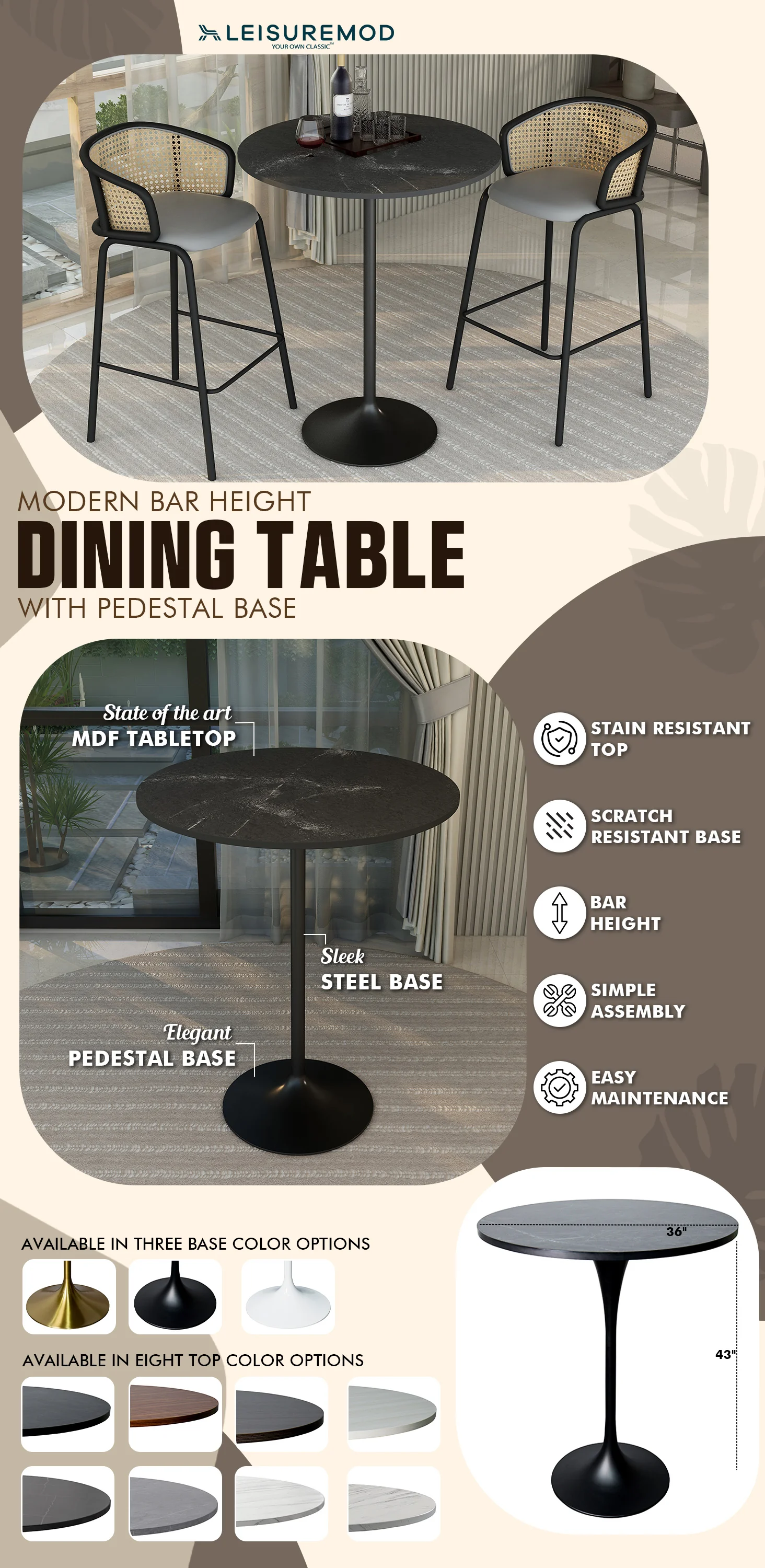 Verve Collection Modern Bar Height Table Black Base with 36" Round Black Marbelized MDF Top
