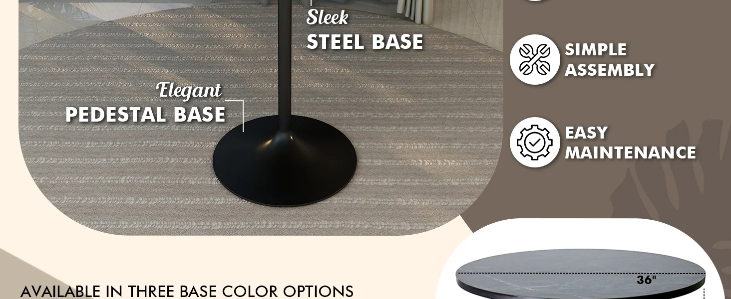 Verve Collection Modern Bar Height Table Black Base with 36" Round Black Marbelized MDF Top