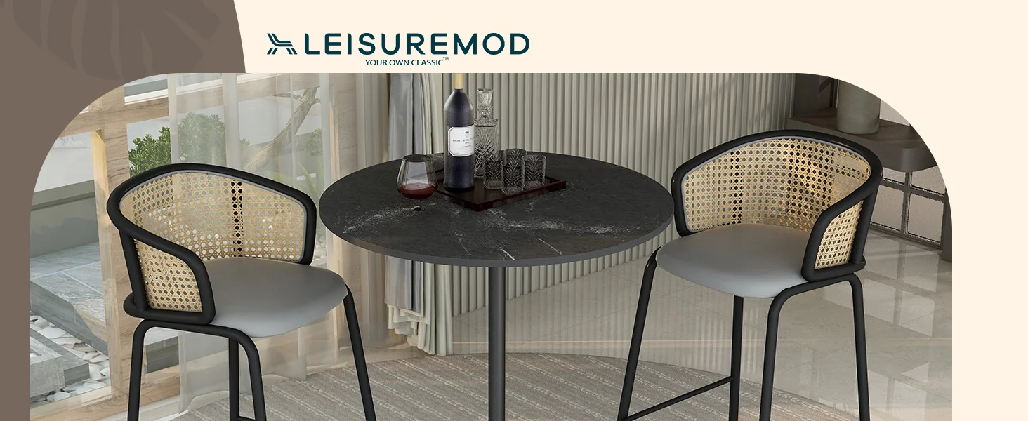 Verve Collection Modern Bar Height Table Black Base with 36" Round Black Marbelized MDF Top