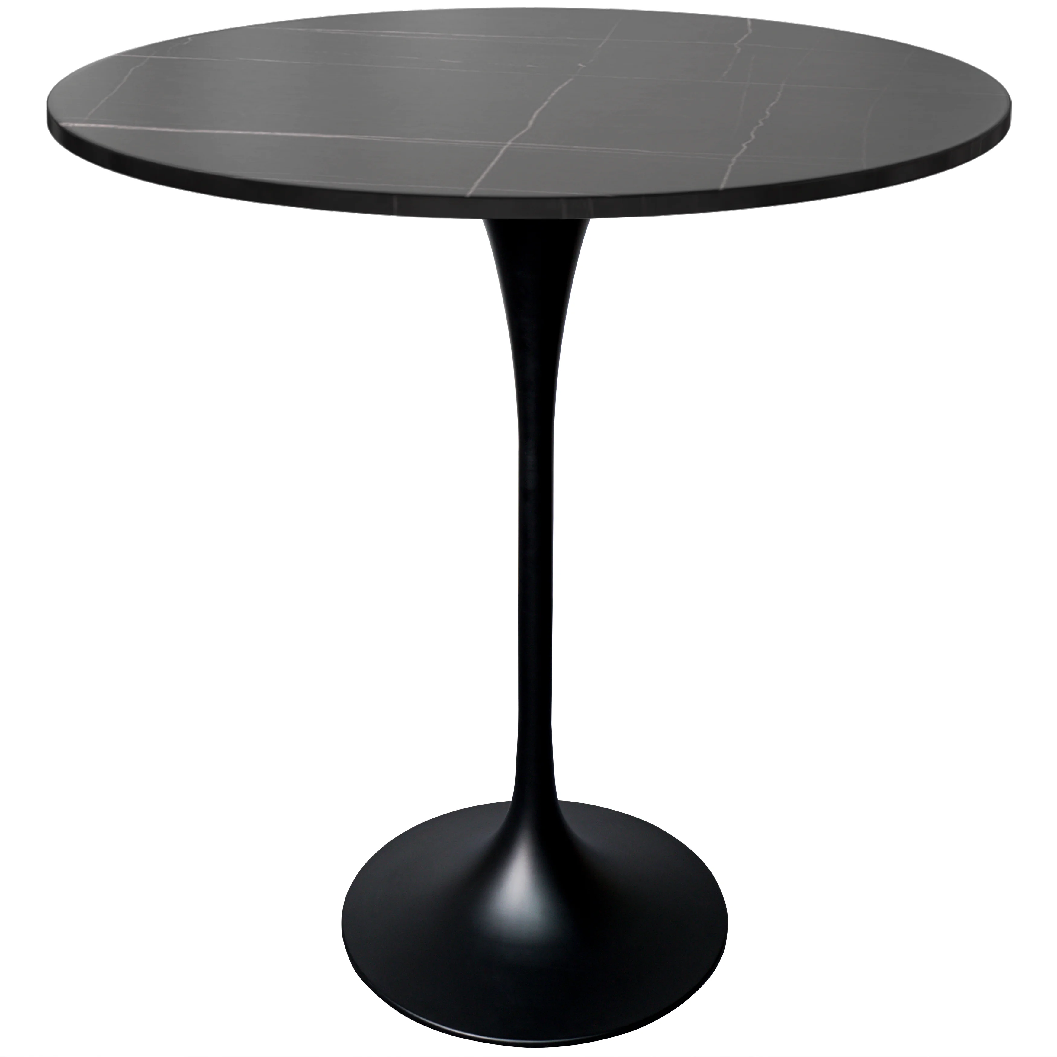 Verve Collection Modern Bar Height Table Black Base with 36" Round Black Marbelized Sintered Stone Top