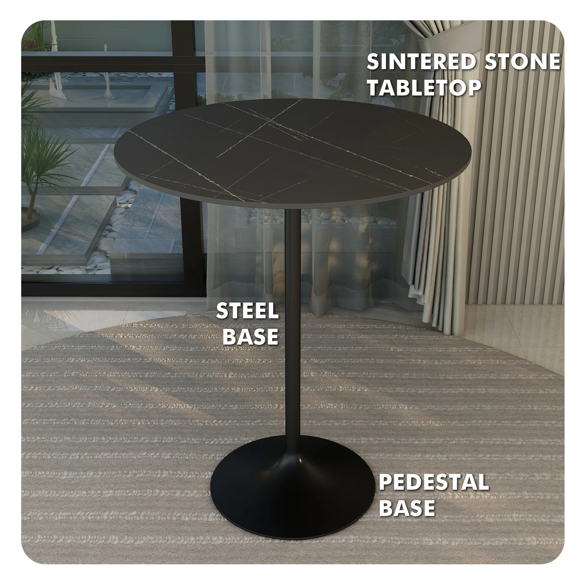 Verve Collection Modern Bar Height Table Black Base with 36" Round Black Marbelized Sintered Stone Top