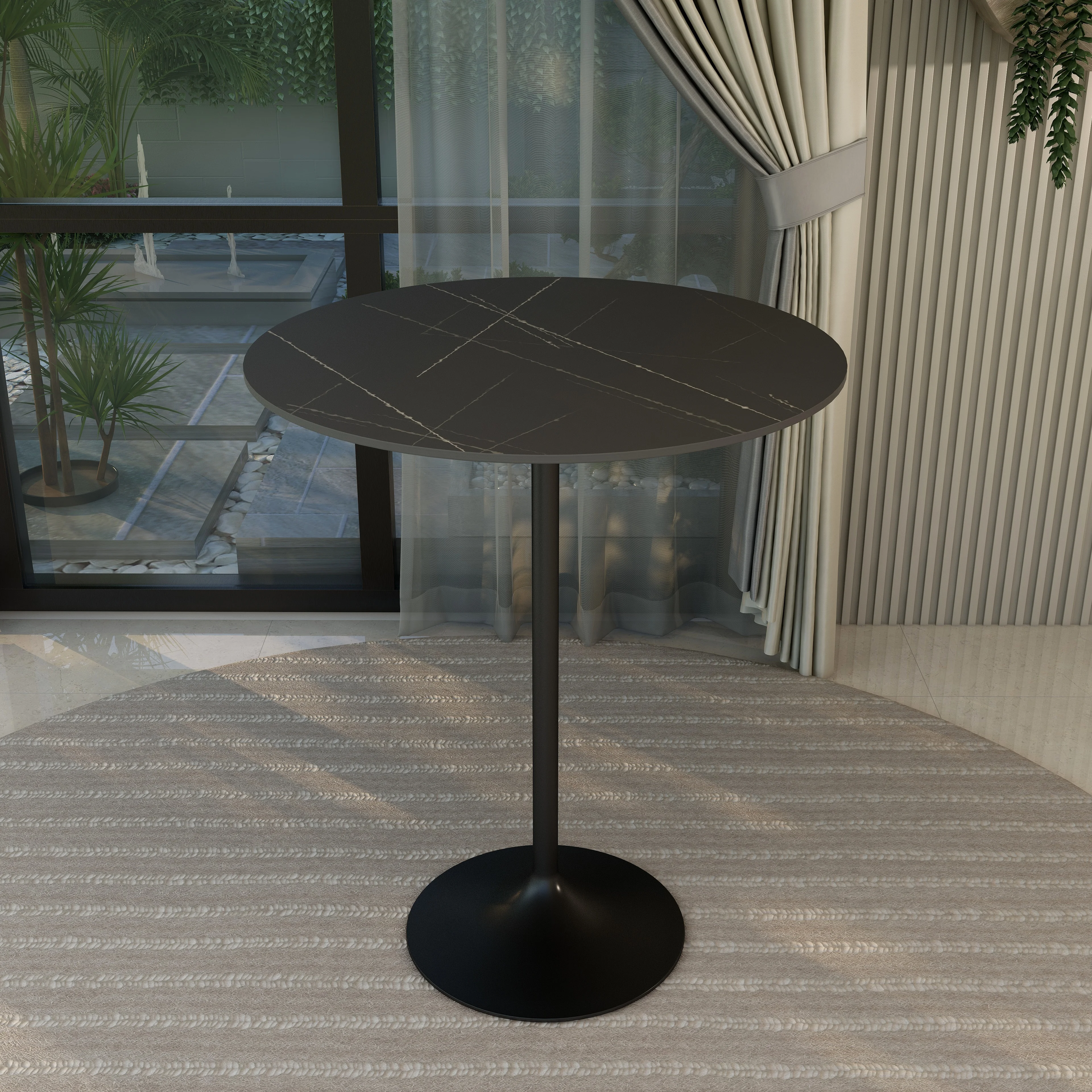 Verve Collection Modern Bar Height Table Black Base with 36" Round Black Marbelized Sintered Stone Top