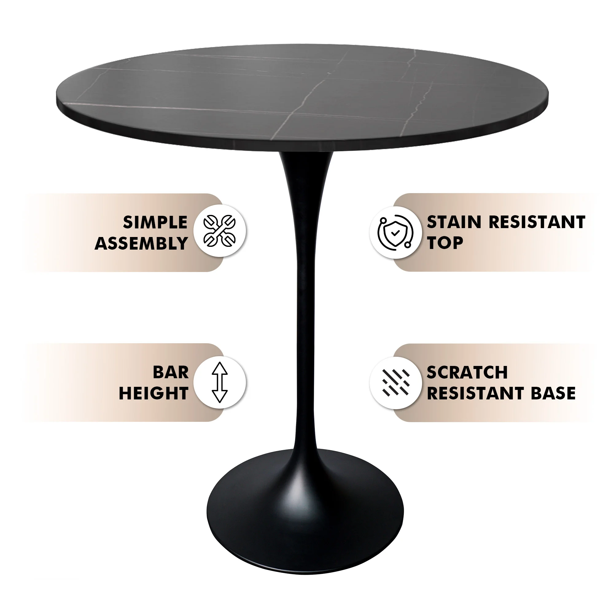 Verve Collection Modern Bar Height Table Black Base with 36" Round Black Marbelized Sintered Stone Top