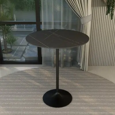 Verve Collection Modern Bar Height Table Black Base with 36" Round Black Marbelized Sintered Stone Top