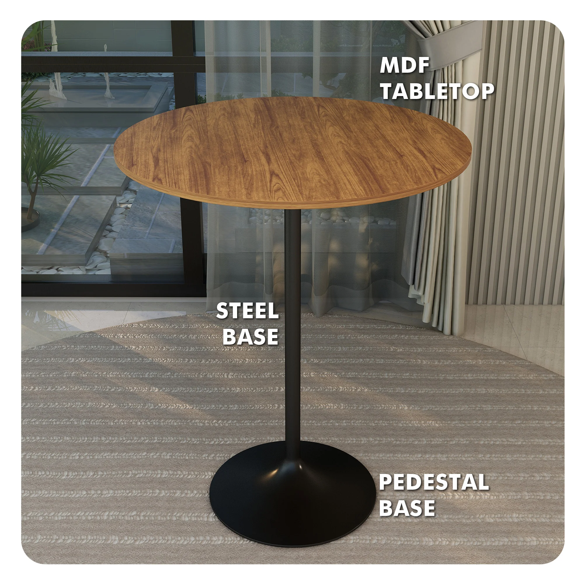 Verve Collection Modern Bar Height Table Black Base with 36" Round Cognac Brown MDF Top