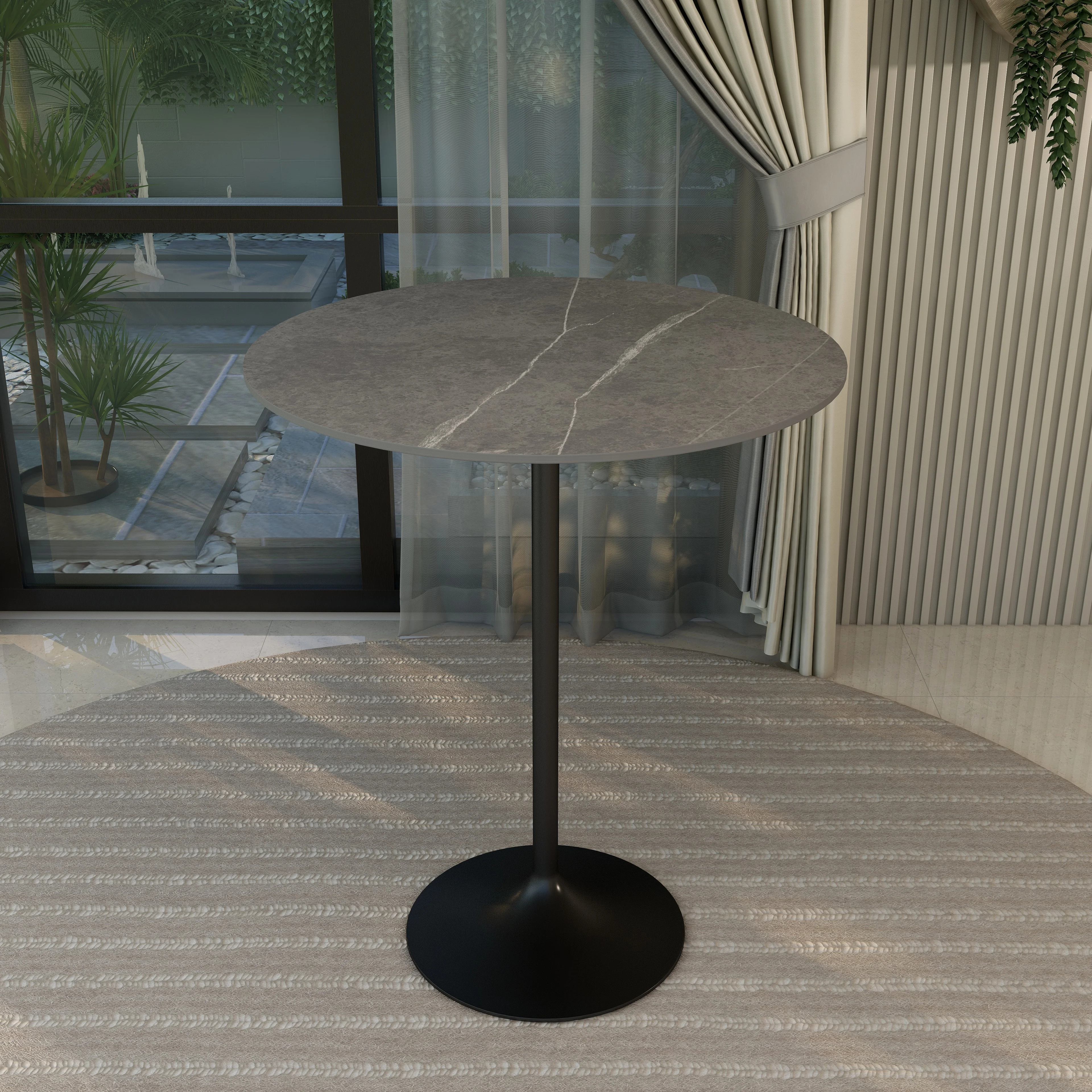 Verve Collection Modern Bar Height Table Black Base with 36" Round Marble Grey Sintered Stone Top