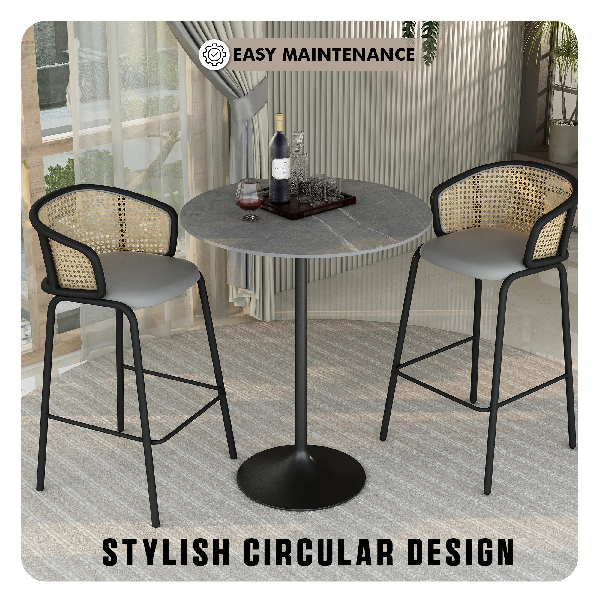 Verve Collection Modern Bar Height Table Black Base with 36" Round Marble Grey Sintered Stone Top
