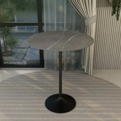 Verve Collection Modern Bar Height Table Black Base with 36" Round Marble Grey Sintered Stone Top
