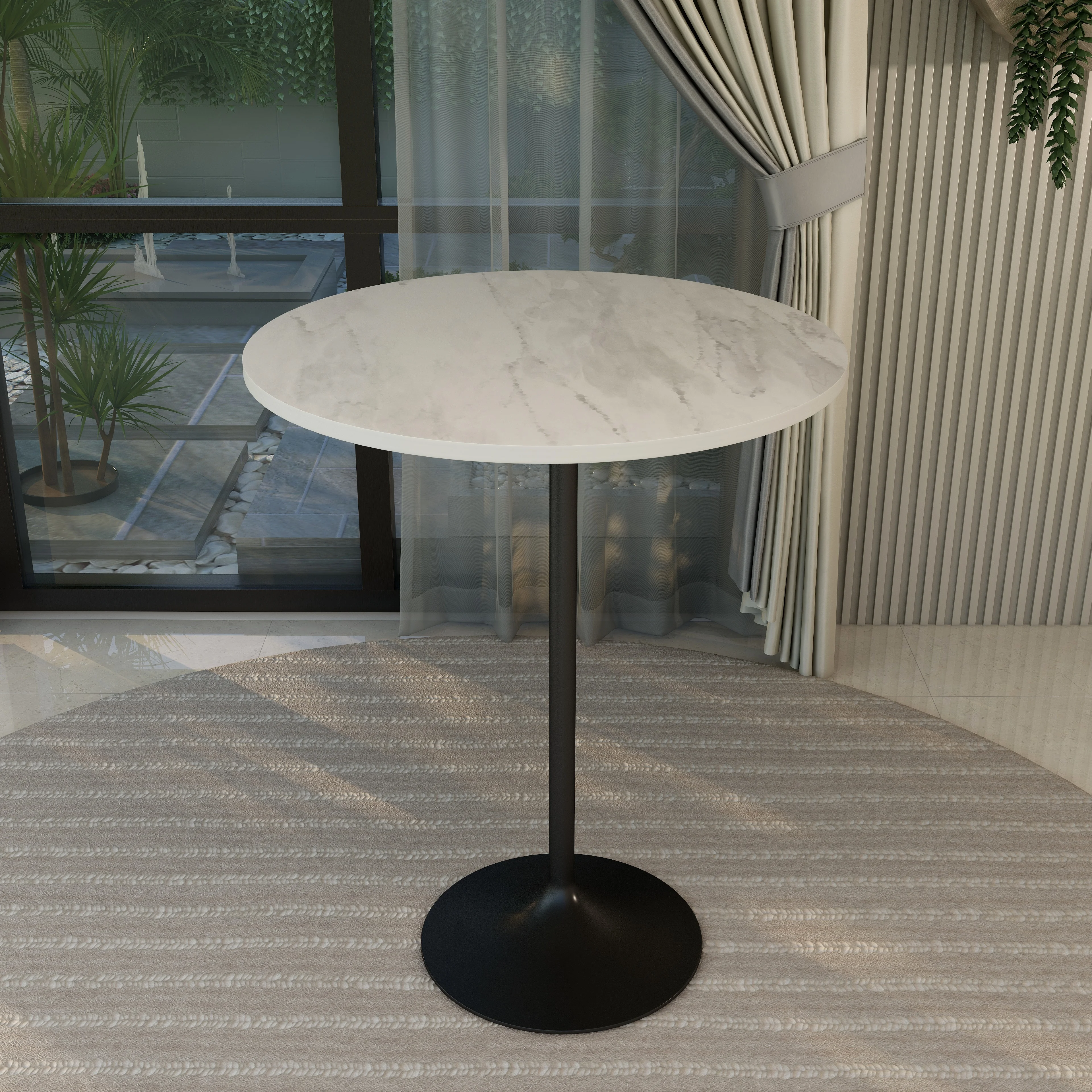 Verve Collection Modern Bar Height Table Black Base with 36" Round Marbleized White Laminated Top